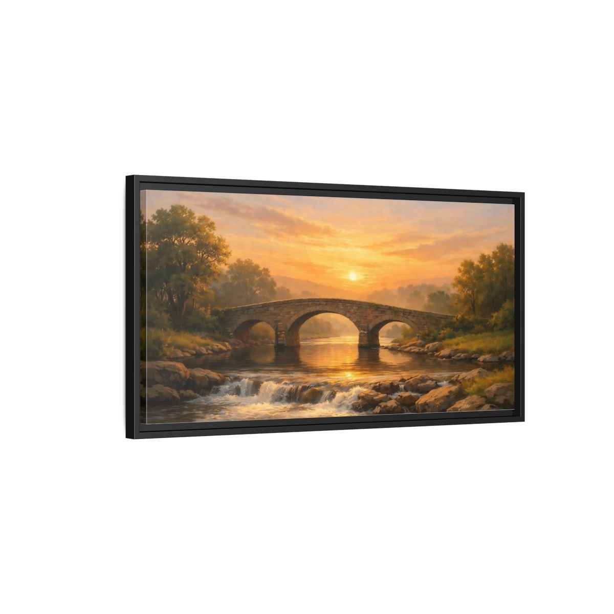 Landscape Nature Stone Bridge Golden Sunset - Framed Canvas Wall Art Print - YesArtYes
