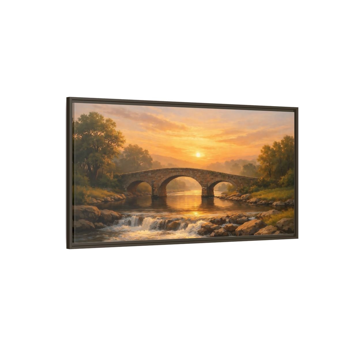 Landscape Nature Stone Bridge Golden Sunset - Framed Canvas Wall Art Print - YesArtYes