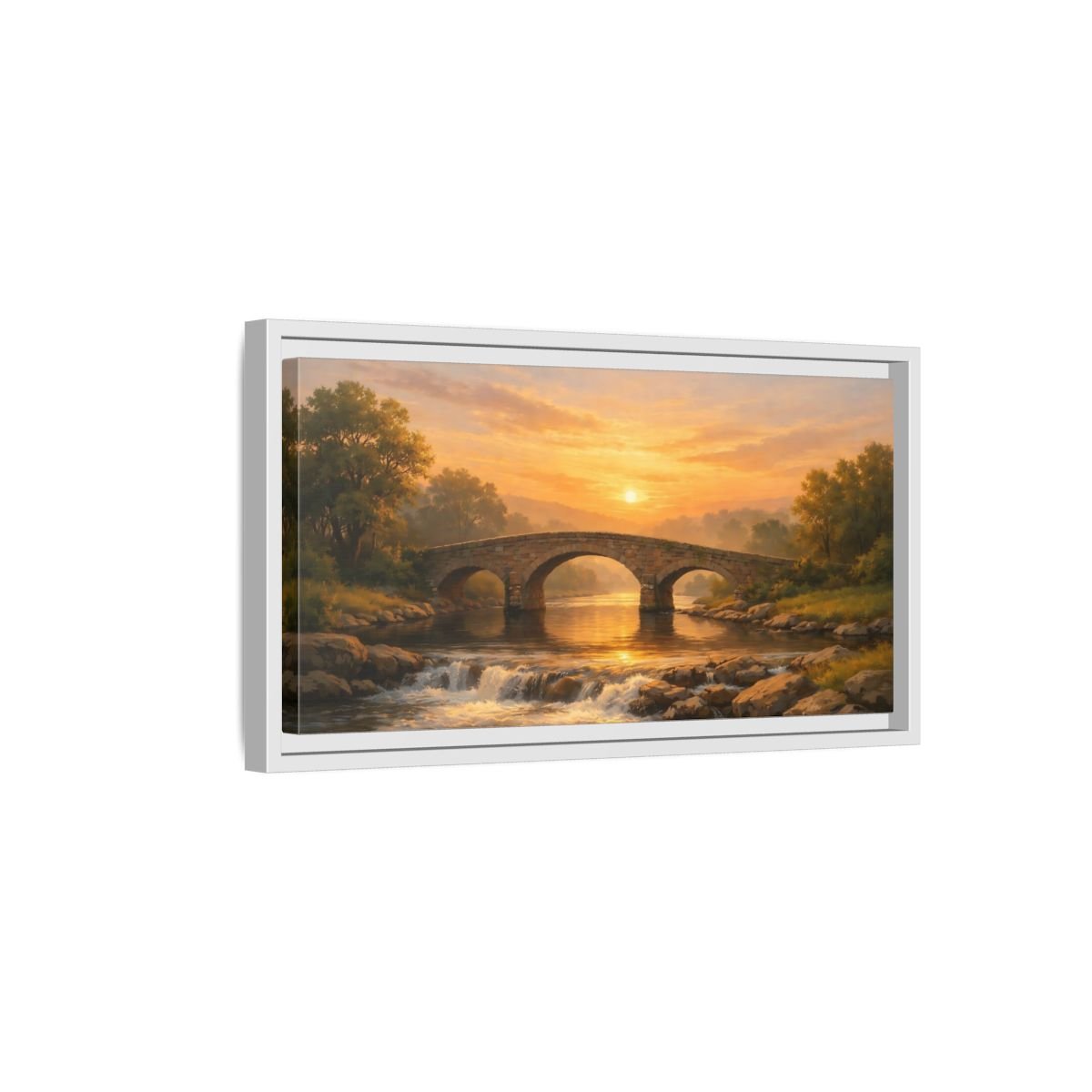 Landscape Nature Stone Bridge Golden Sunset - Framed Canvas Wall Art Print - YesArtYes