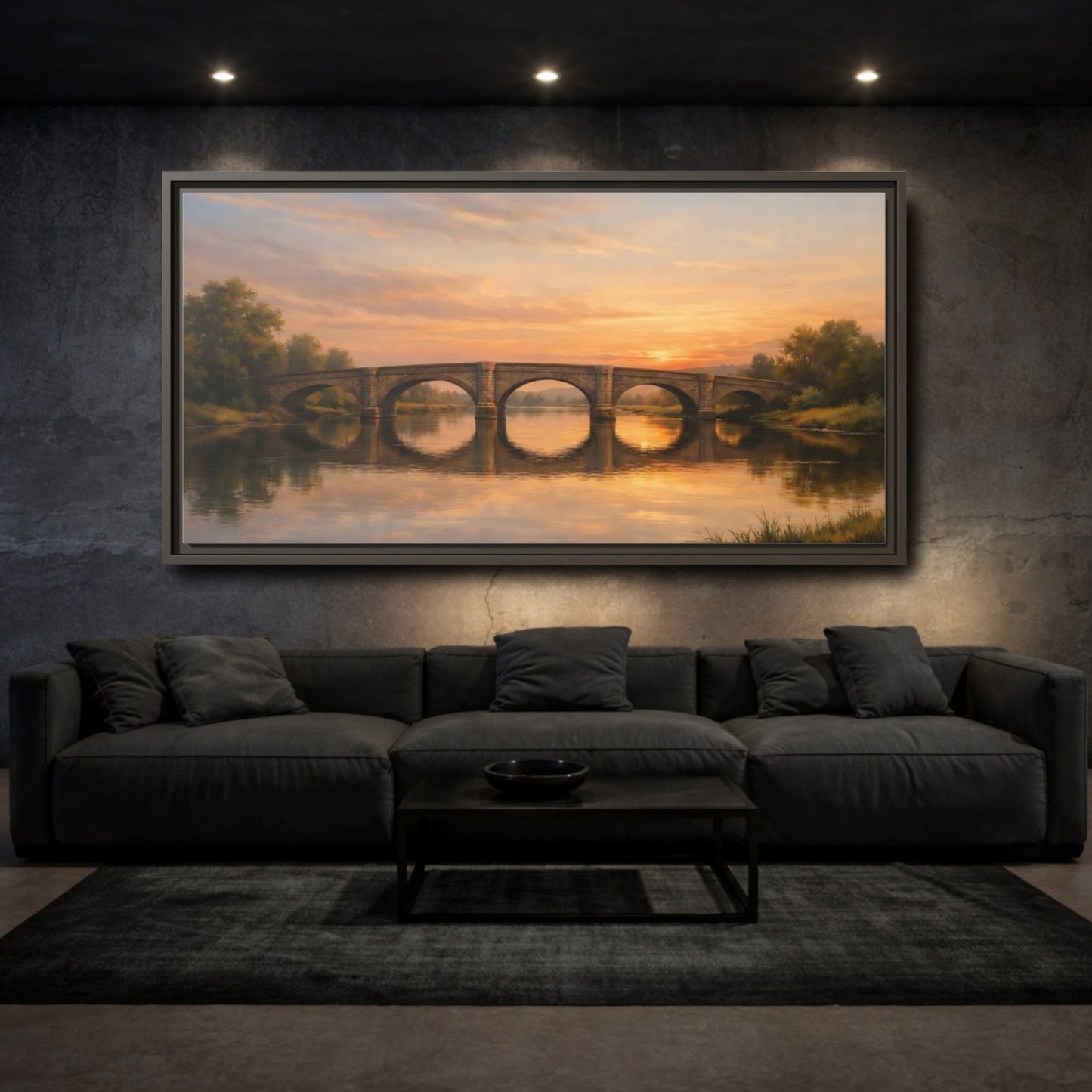 Landscape Nature Stone Bridge Golden Sunset - Framed Canvas Wall Art Print - YesArtYes