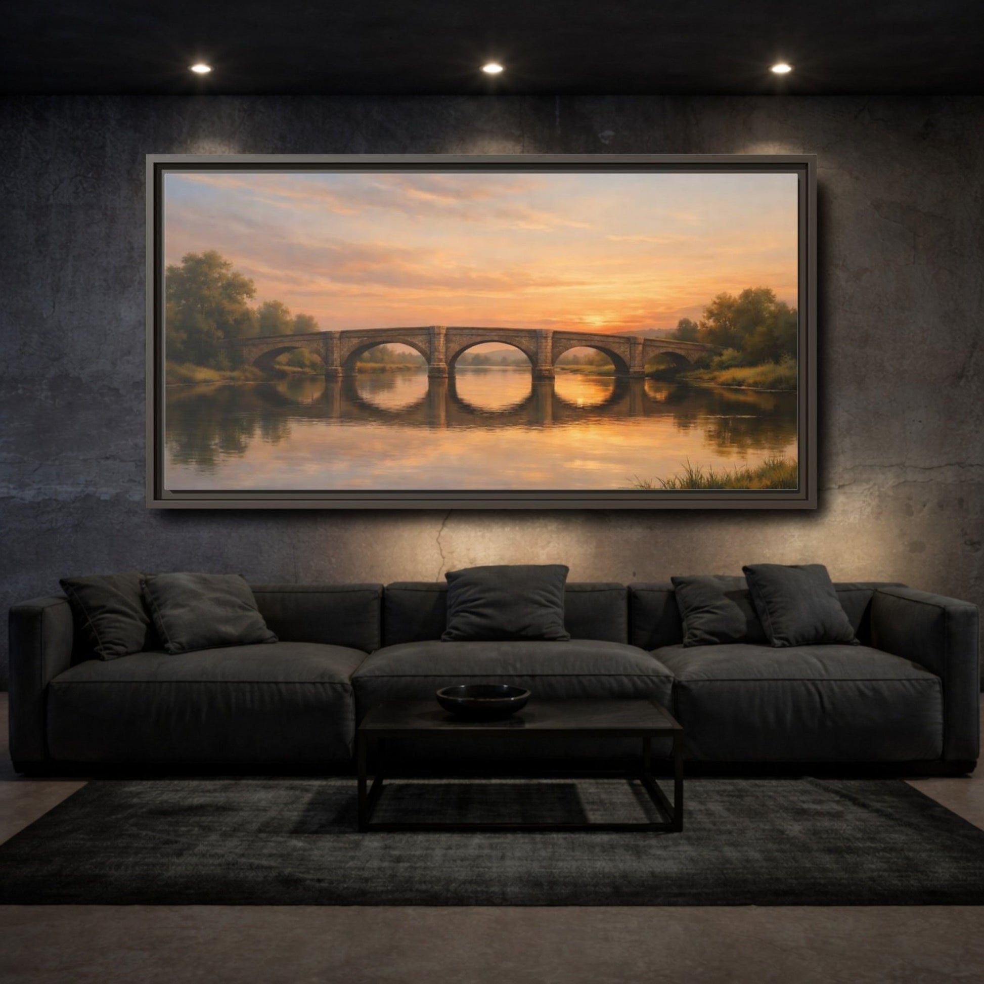 Landscape Nature Stone Bridge Golden Sunset - Framed Canvas Wall Art Print - YesArtYes