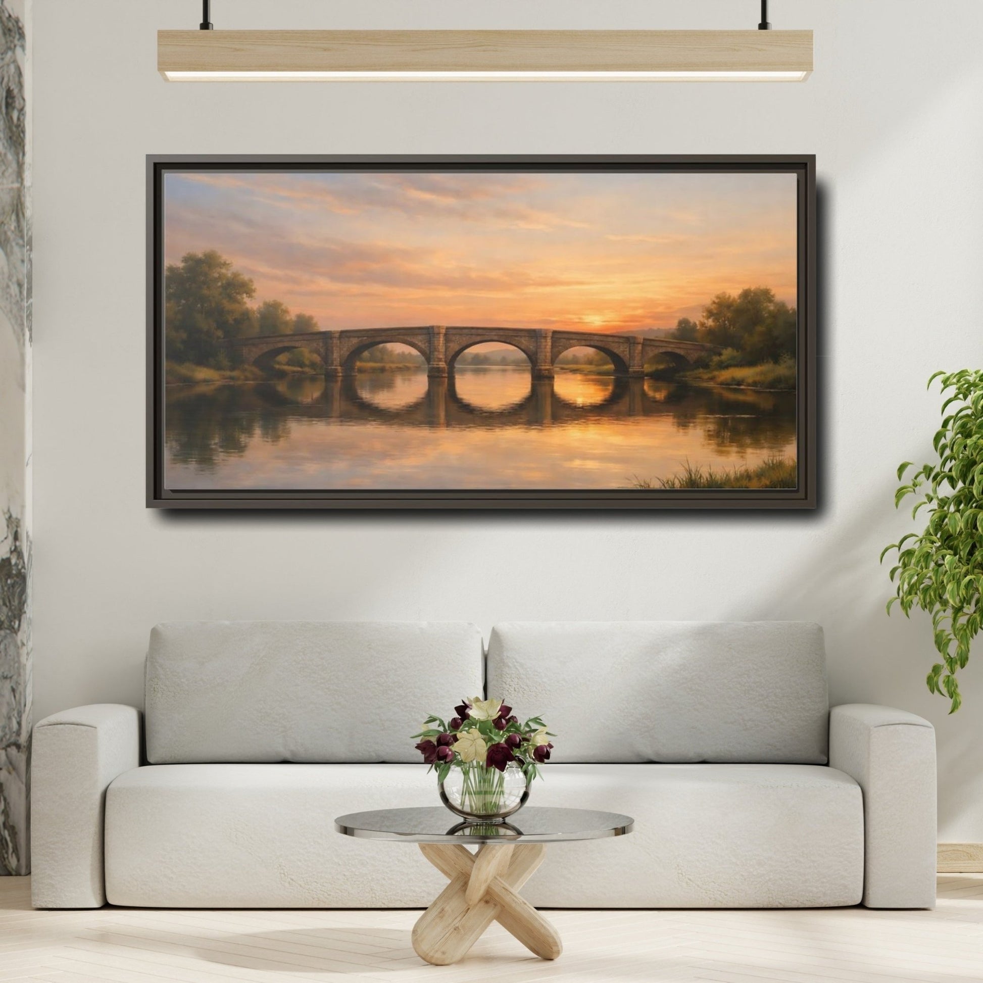 Landscape Nature Stone Bridge Golden Sunset - Framed Canvas Wall Art Print - YesArtYes