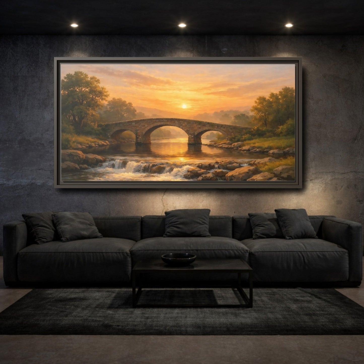 Landscape Nature Stone Bridge Golden Sunset - Framed Canvas Wall Art Print - YesArtYes