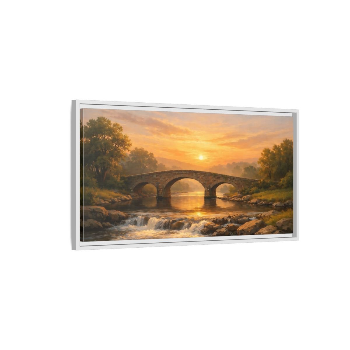 Landscape Nature Stone Bridge Golden Sunset - Framed Canvas Wall Art Print - YesArtYes