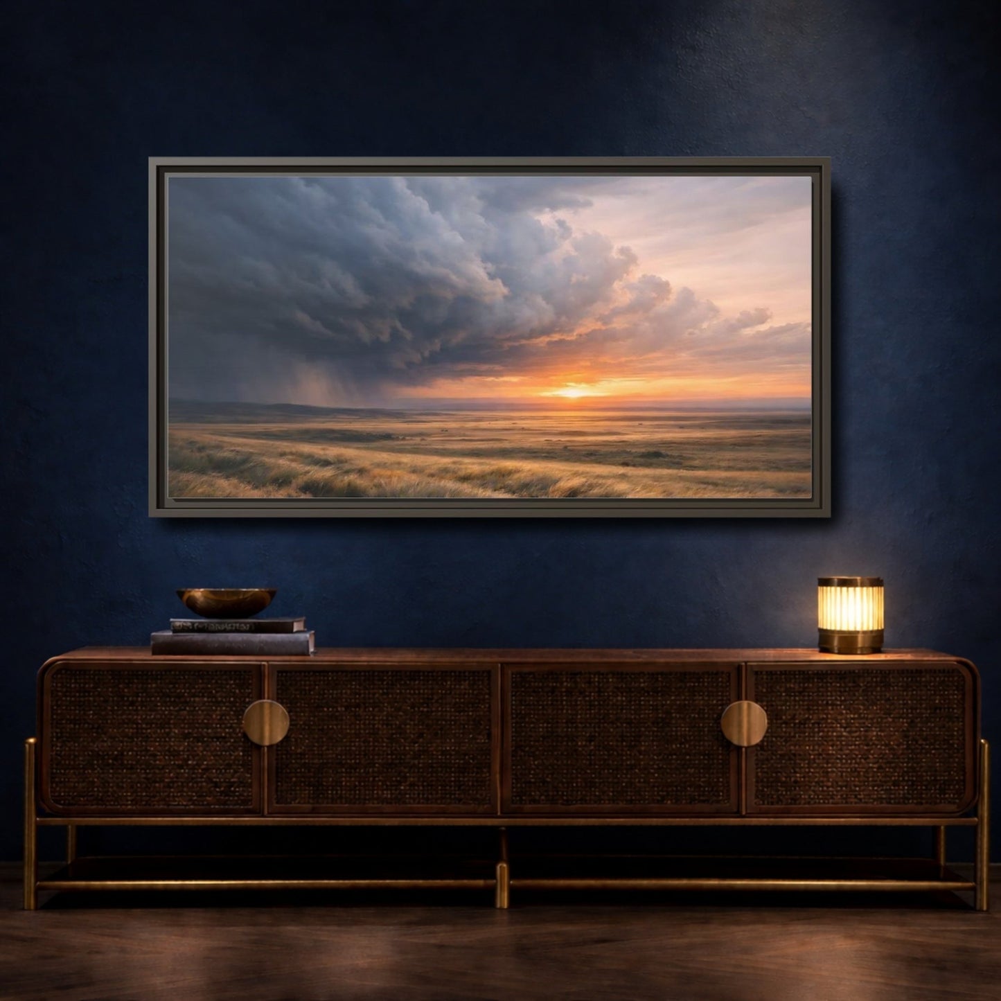 Landscape Nature Stormy Orange And Gray - Framed Canvas Wall Art Print - YesArtYes