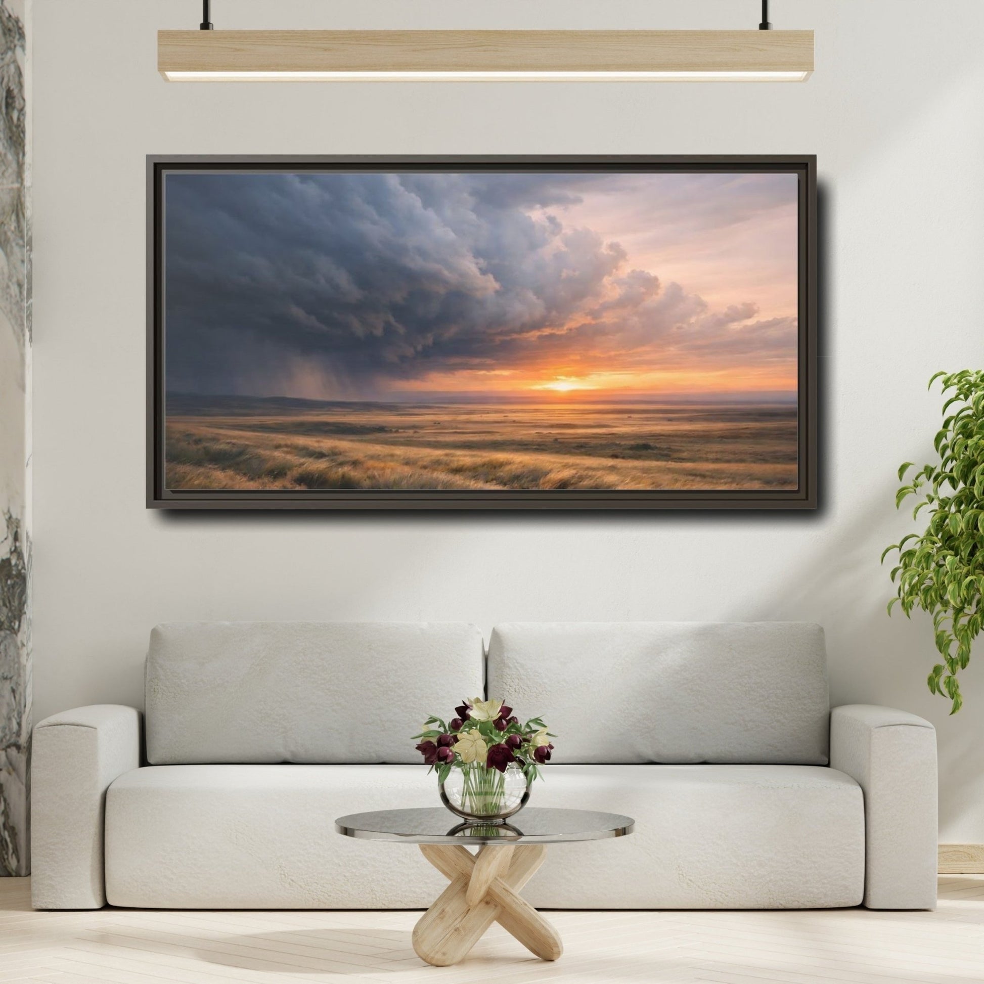 Landscape Nature Stormy Orange And Gray - Framed Canvas Wall Art Print - YesArtYes