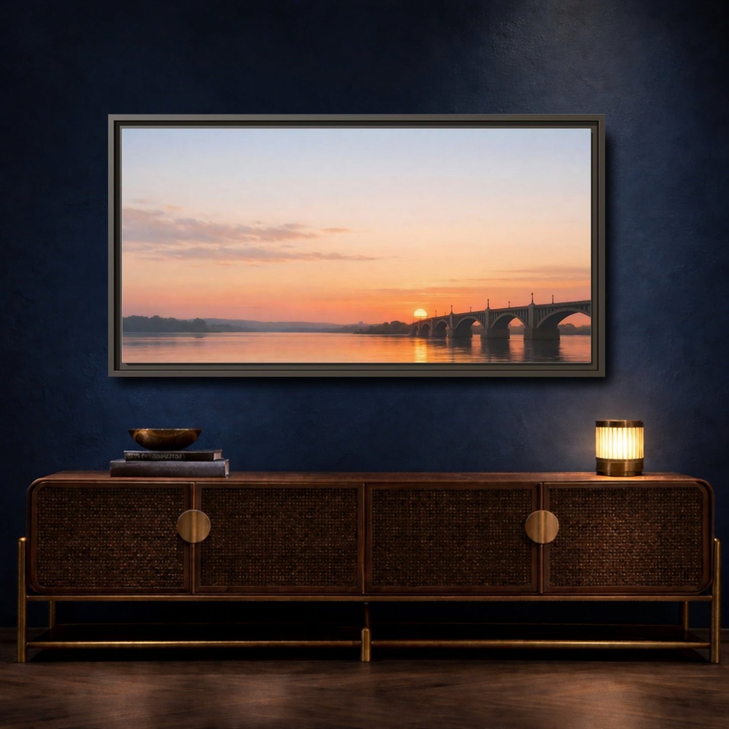 Landscape Nature Sunset Bridge Orange Blue - Framed Canvas Wall Art Print - YesArtYes