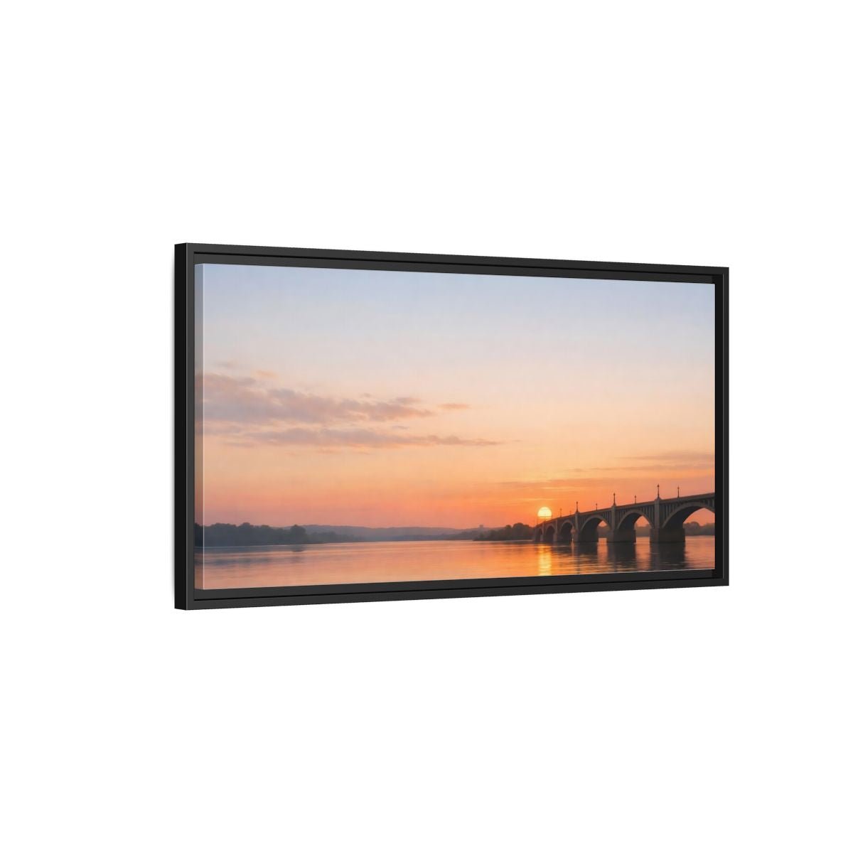 Landscape Nature Sunset Bridge Orange Blue - Framed Canvas Wall Art Print - YesArtYes