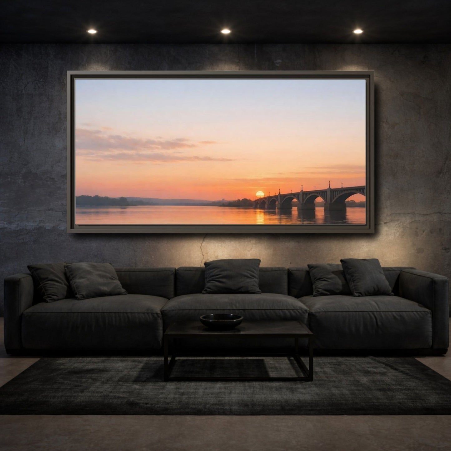 Landscape Nature Sunset Bridge Orange Blue - Framed Canvas Wall Art Print - YesArtYes