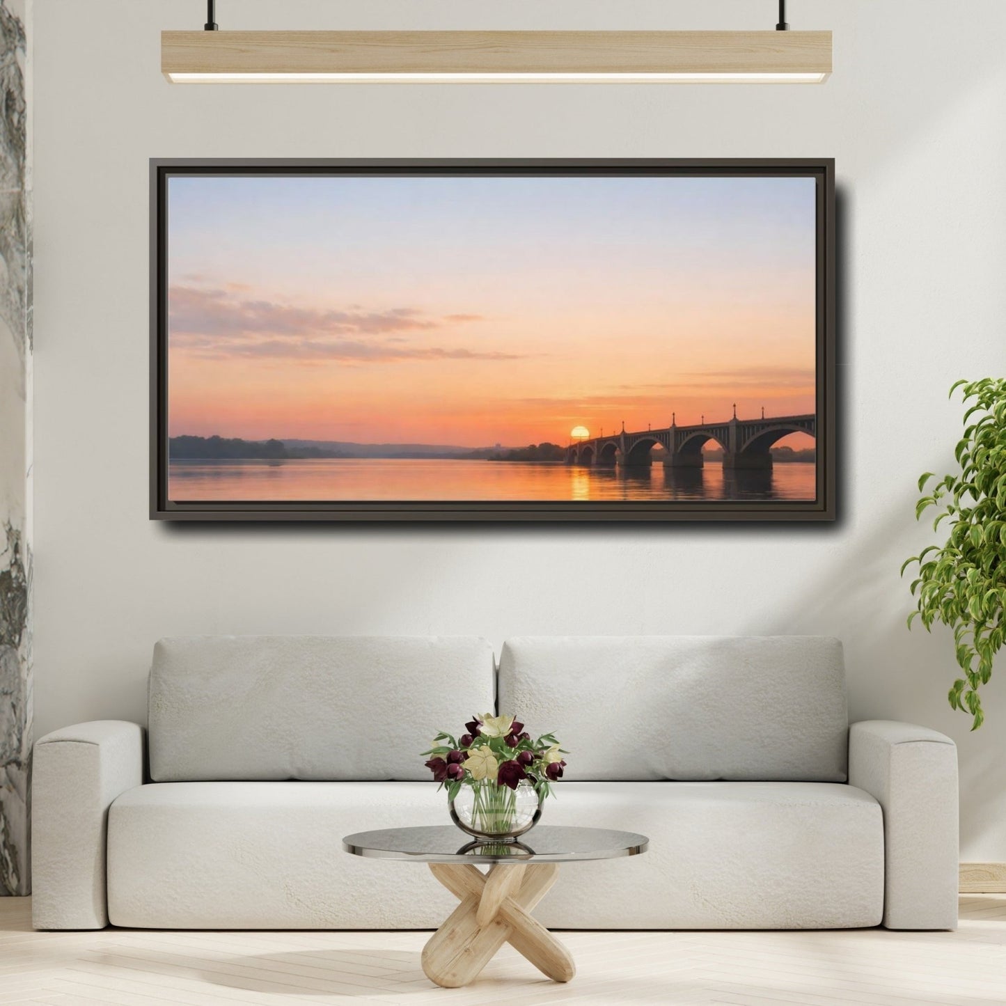 Landscape Nature Sunset Bridge Orange Blue - Framed Canvas Wall Art Print - YesArtYes