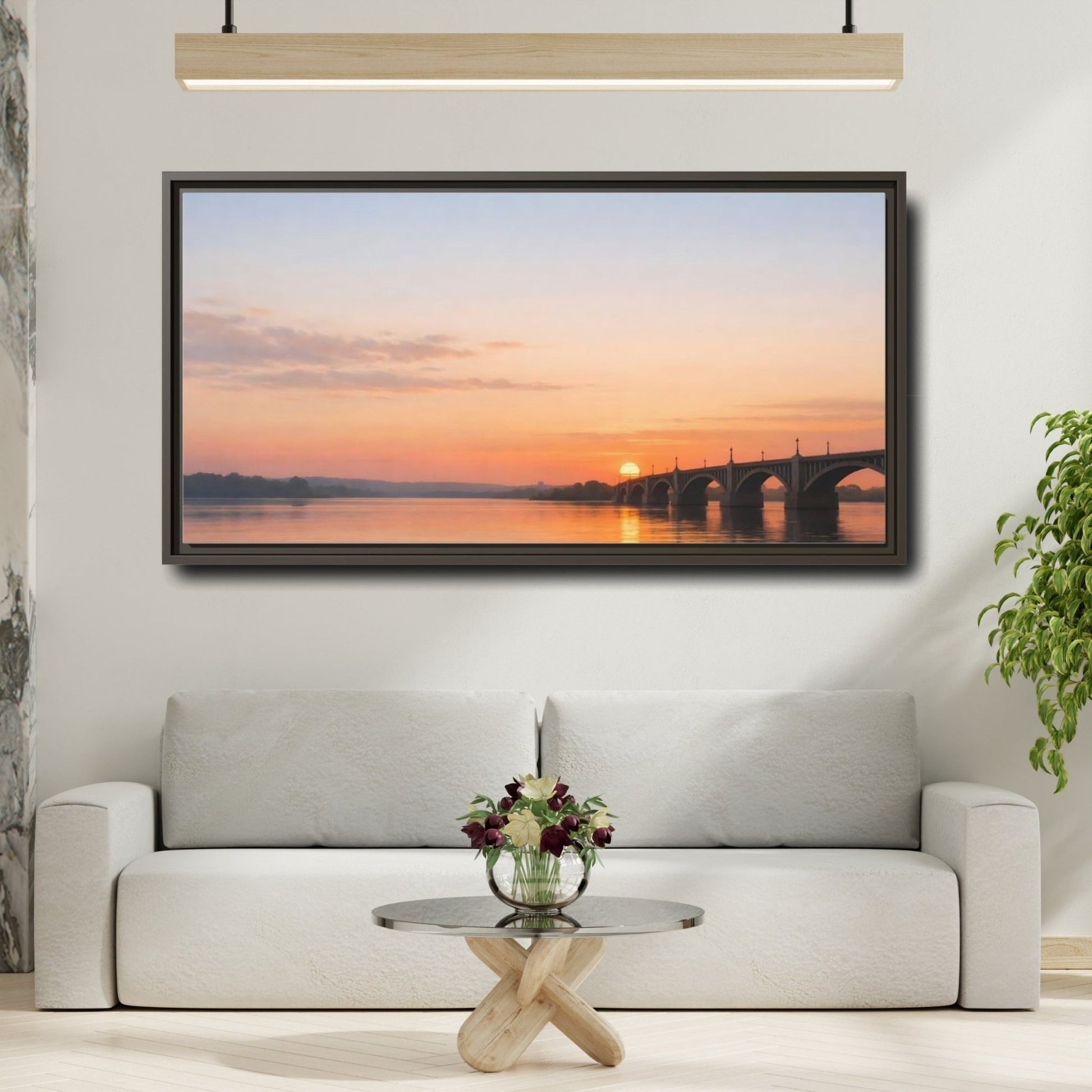Landscape Nature Sunset Bridge Orange Blue - Framed Canvas Wall Art Print - YesArtYes
