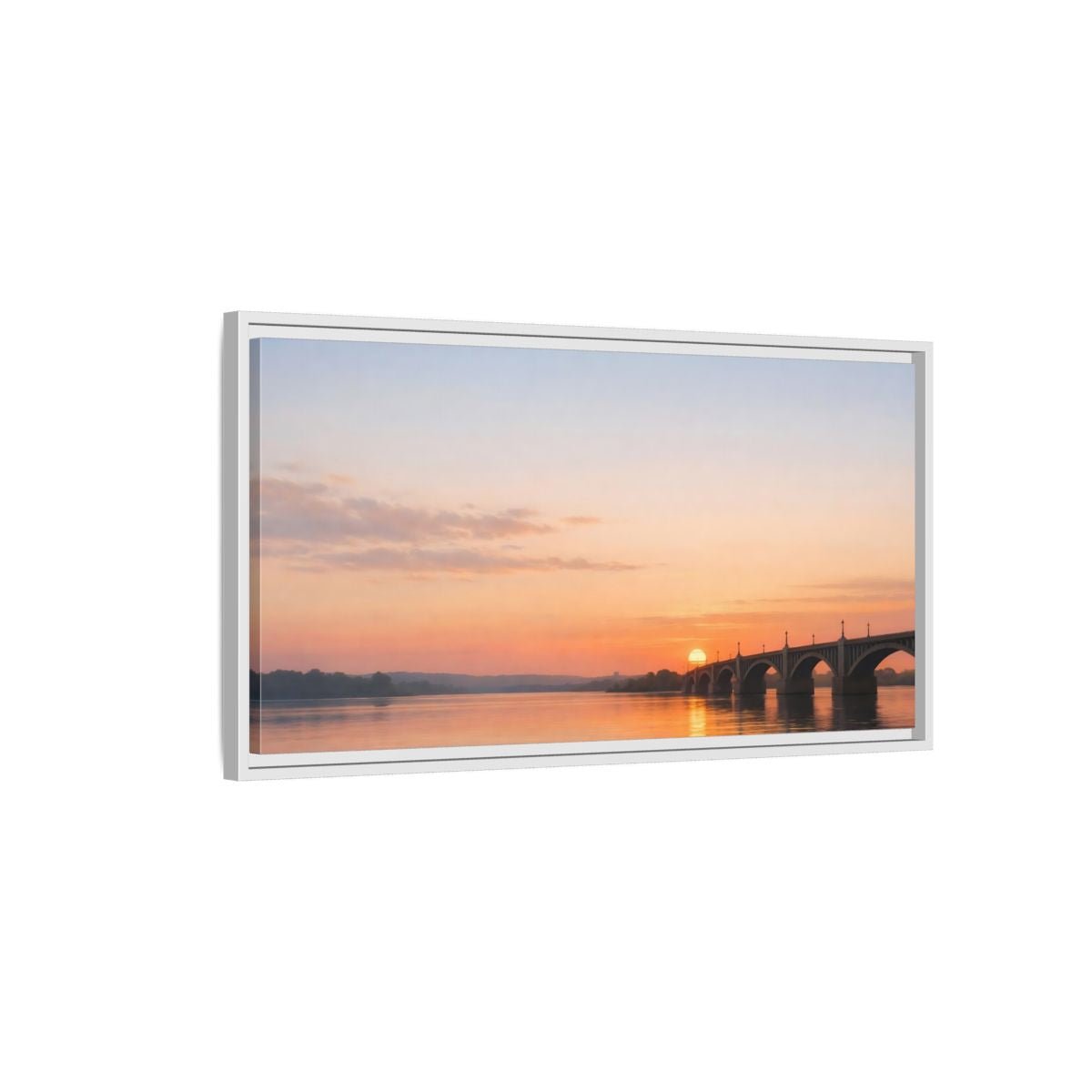 Landscape Nature Sunset Bridge Orange Blue - Framed Canvas Wall Art Print - YesArtYes