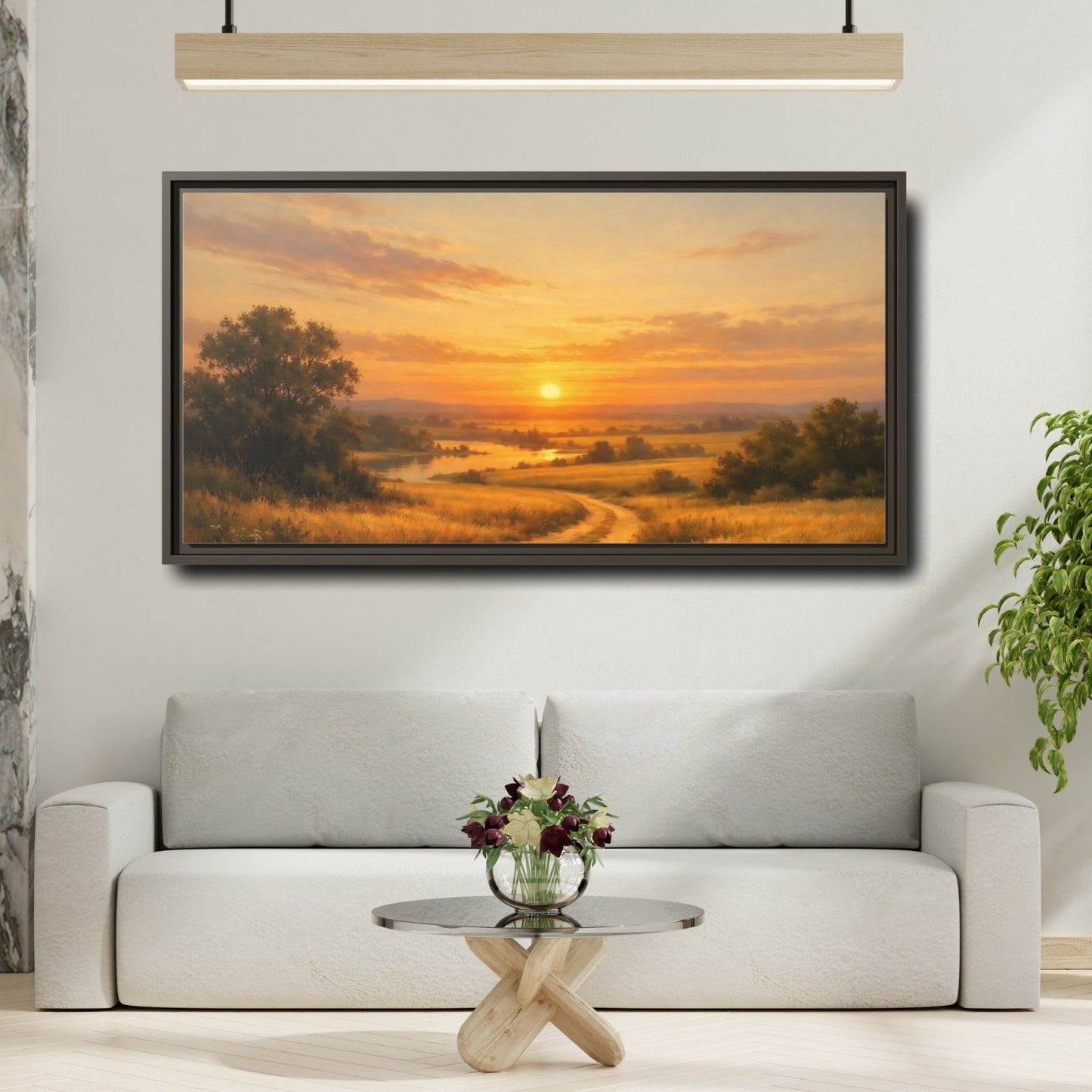 Landscape Nature Sunset Golden - Framed Canvas Wall Art Print - YesArtYes