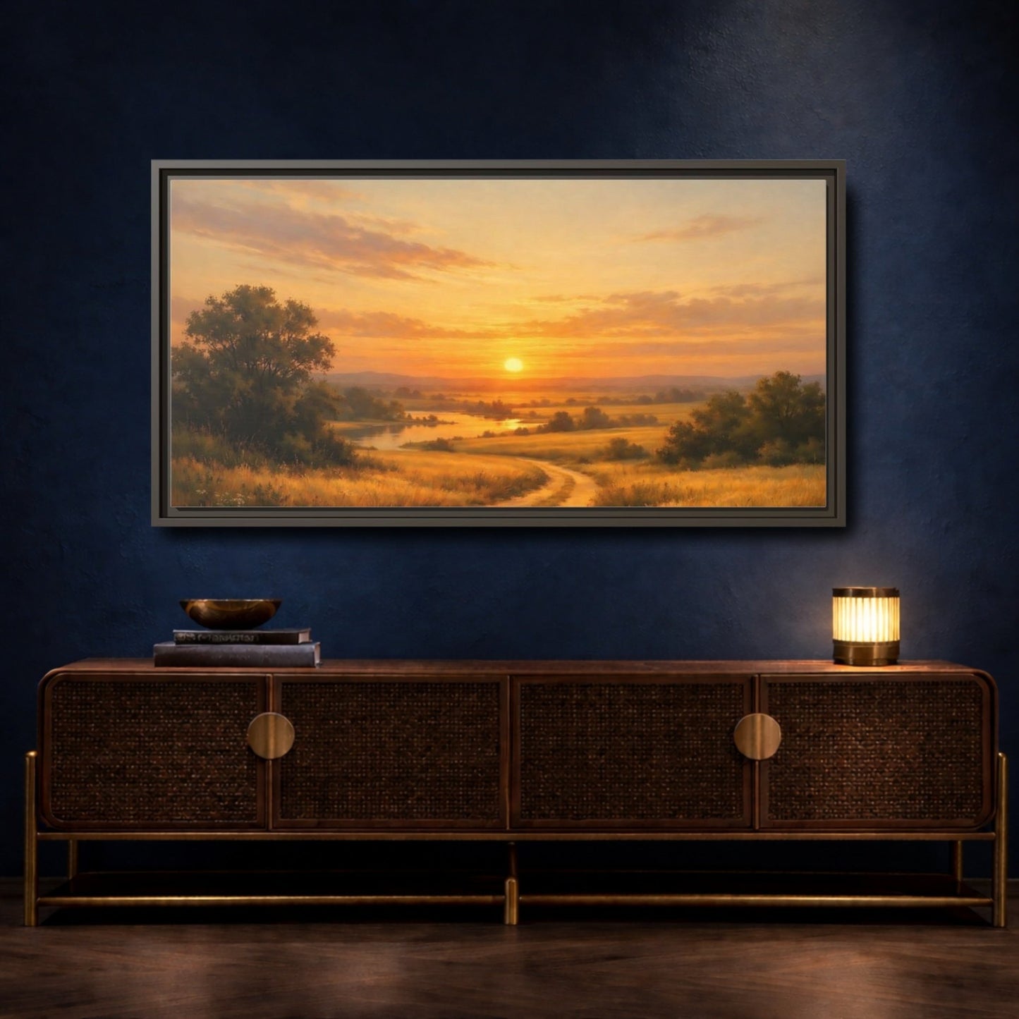 Landscape Nature Sunset Golden - Framed Canvas Wall Art Print - YesArtYes