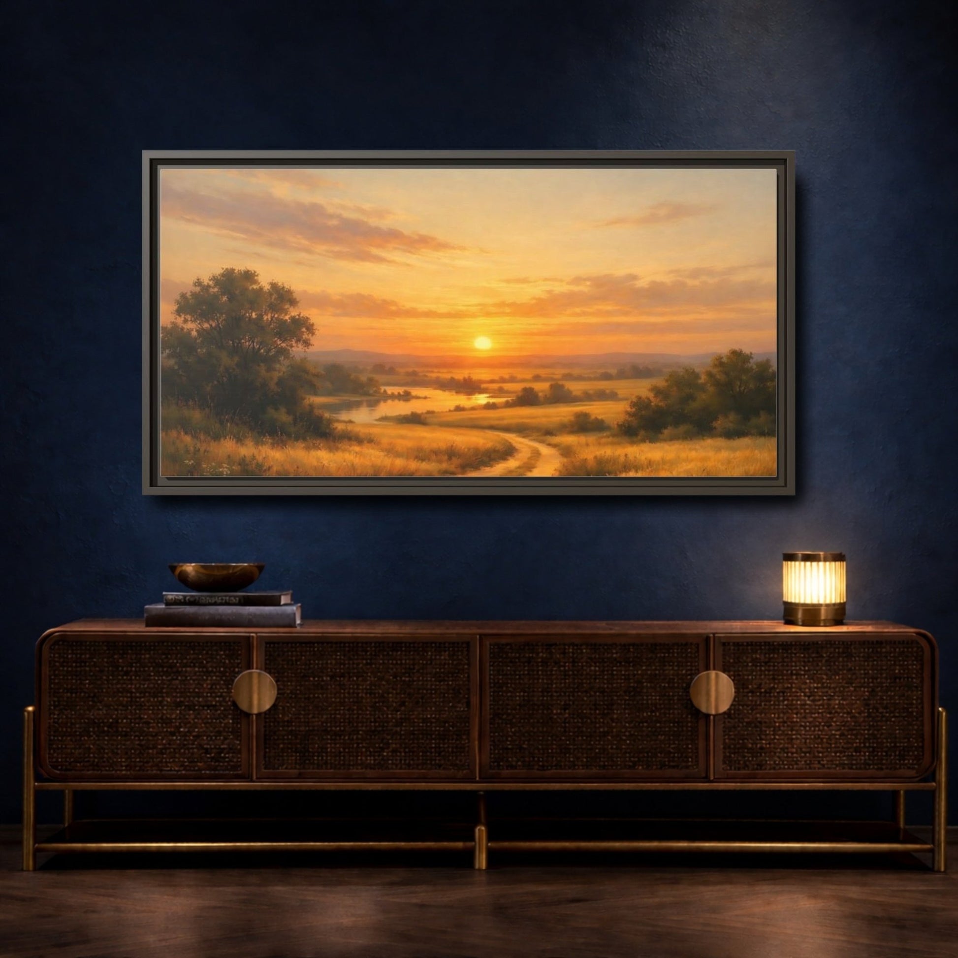 Landscape Nature Sunset Golden - Framed Canvas Wall Art Print - YesArtYes