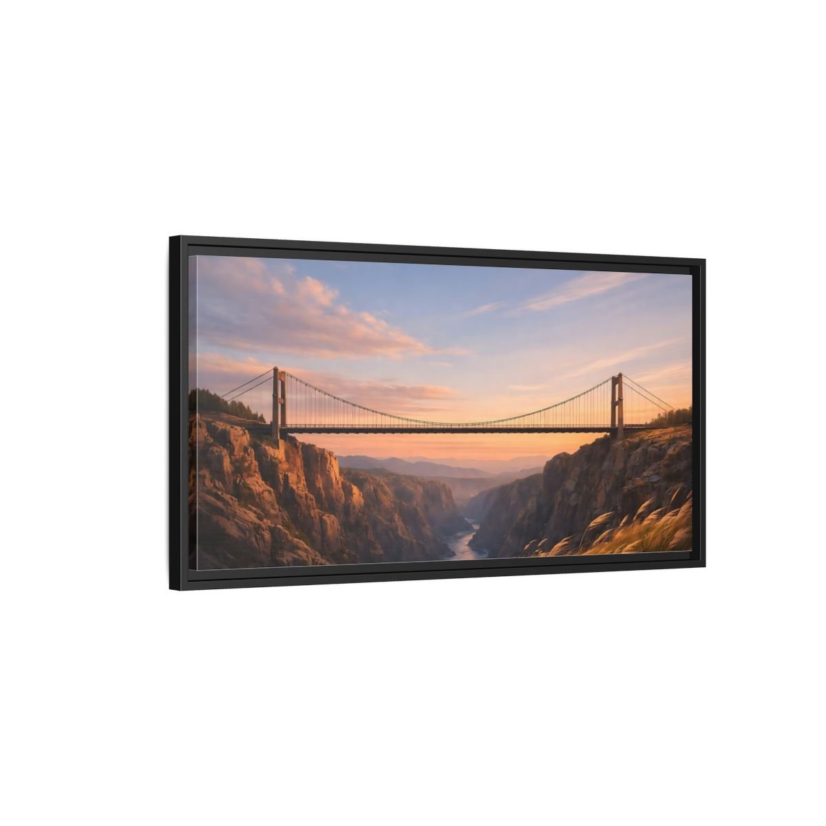 Landscape Nature Suspension Bridge Orange Blue - Framed Canvas Wall Art Print - YesArtYes
