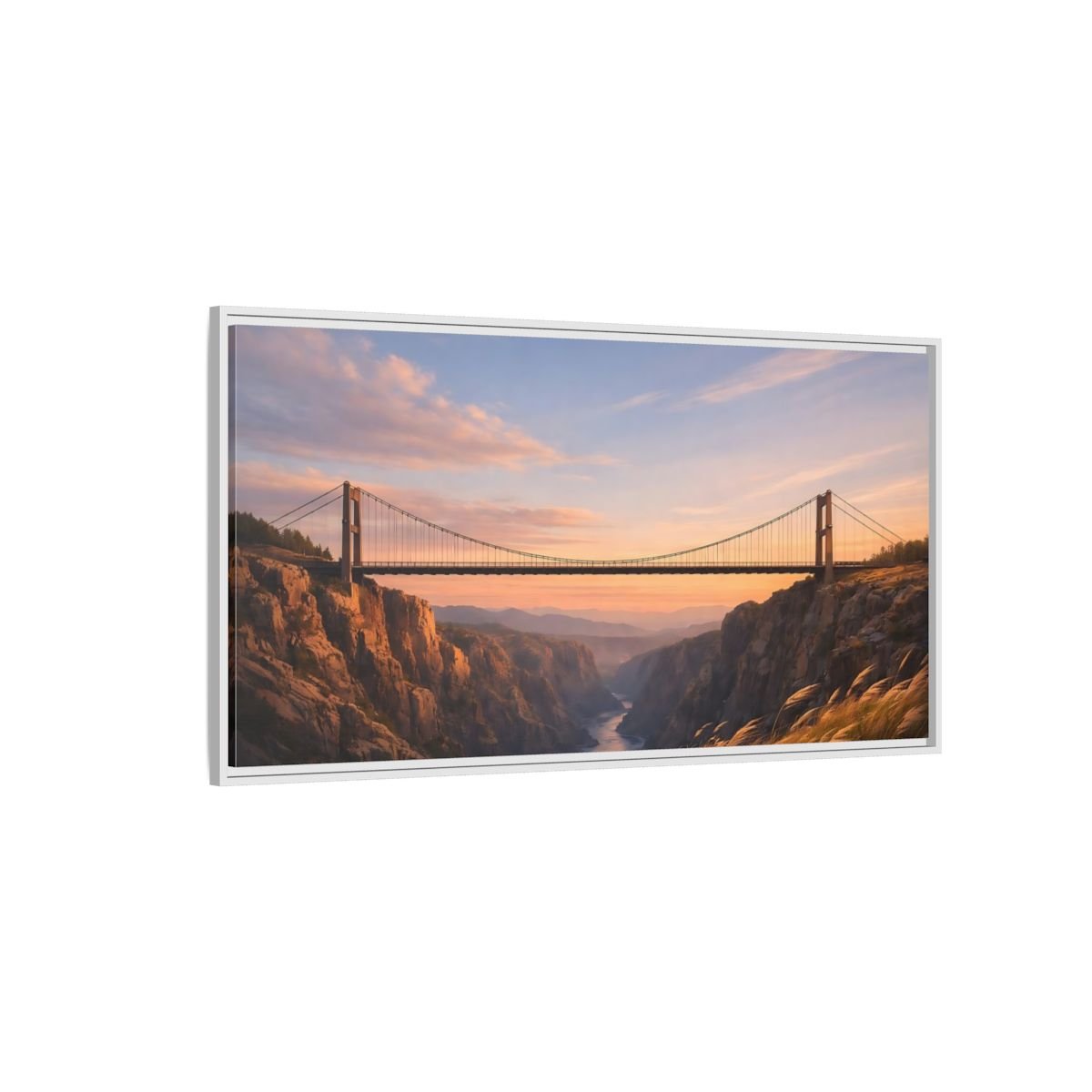 Landscape Nature Suspension Bridge Orange Blue - Framed Canvas Wall Art Print - YesArtYes