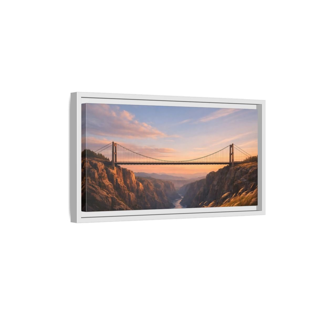 Landscape Nature Suspension Bridge Orange Blue - Framed Canvas Wall Art Print - YesArtYes