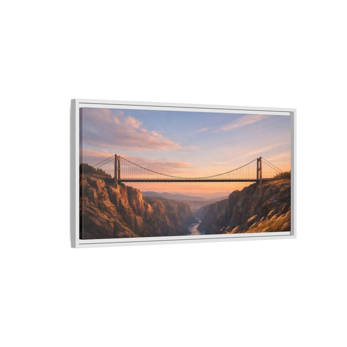 Landscape Nature Suspension Bridge Orange Blue - Framed Canvas Wall Art Print - YesArtYes