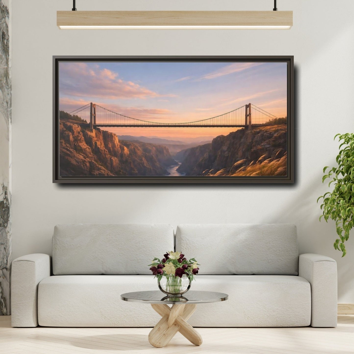 Landscape Nature Suspension Bridge Orange Blue - Framed Canvas Wall Art Print - YesArtYes
