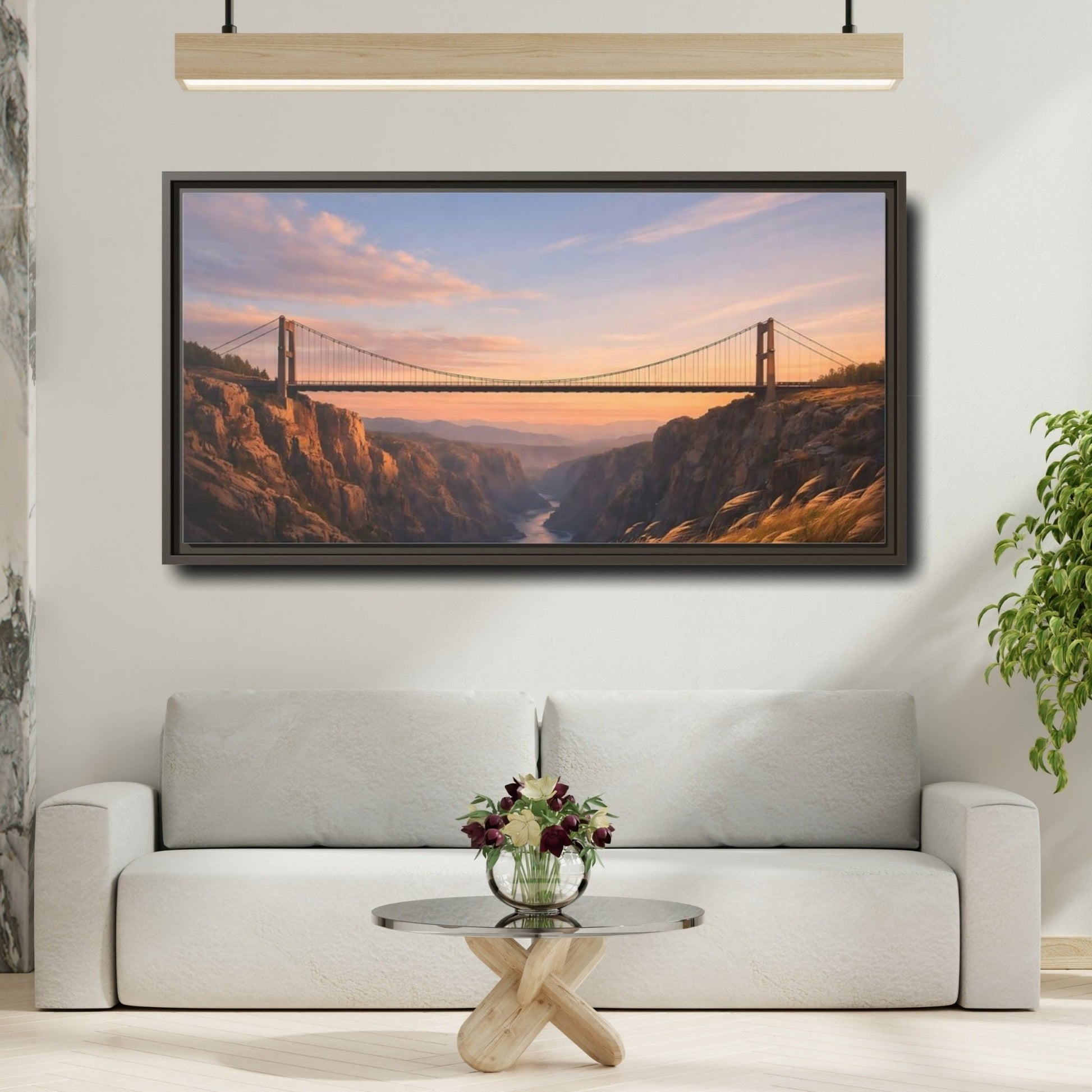Landscape Nature Suspension Bridge Orange Blue - Framed Canvas Wall Art Print - YesArtYes