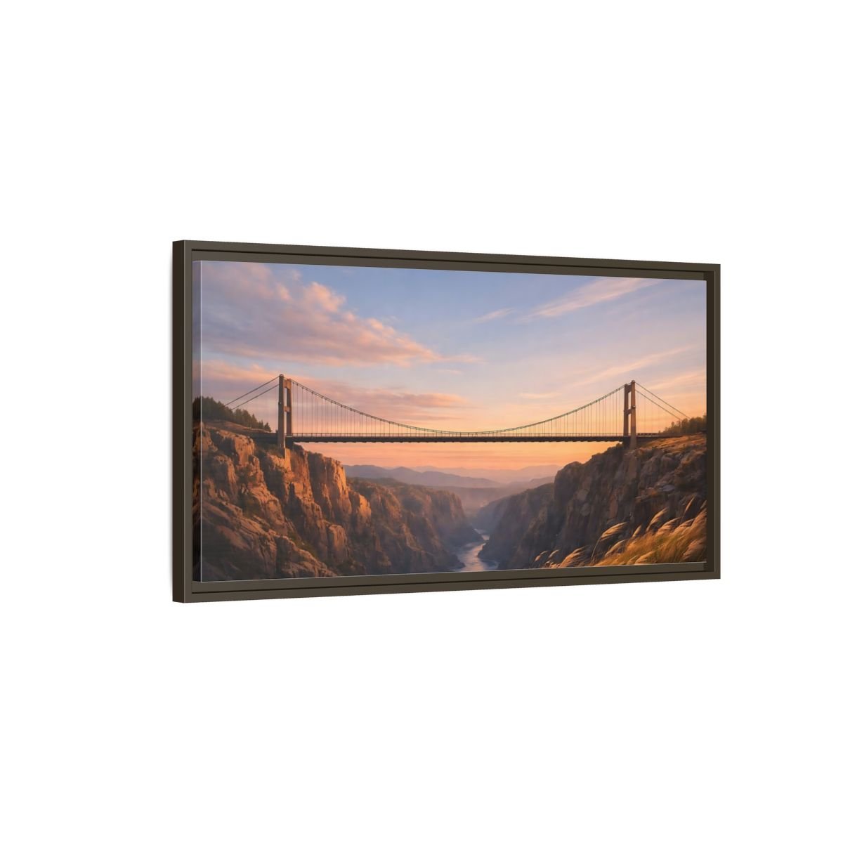 Landscape Nature Suspension Bridge Orange Blue - Framed Canvas Wall Art Print - YesArtYes