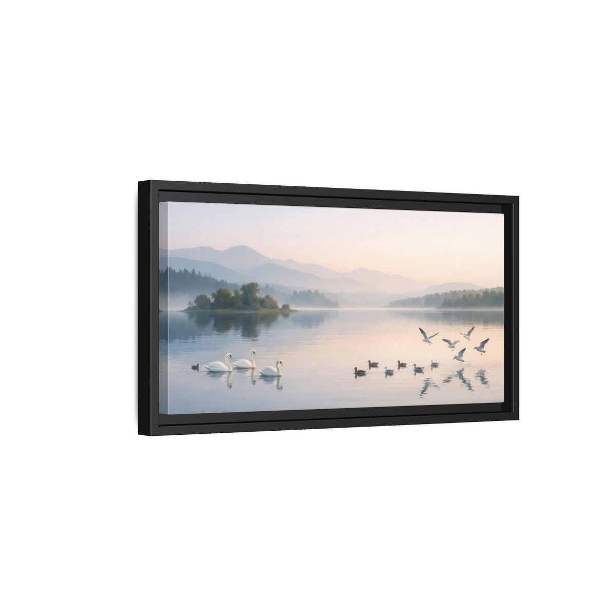 Landscape Nature Swans Lake Pastel - Framed Canvas Wall Art Print - YesArtYes