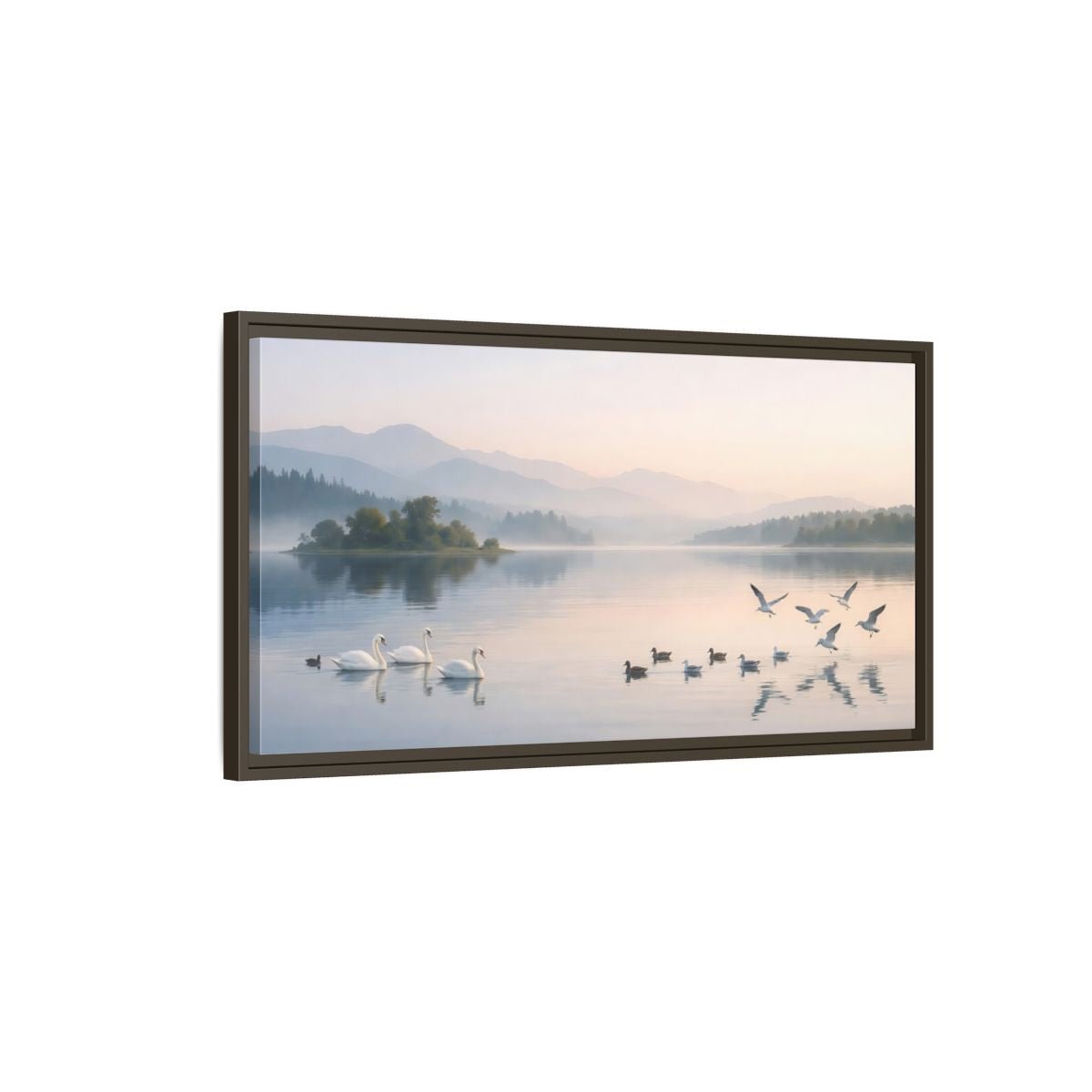 Landscape Nature Swans Lake Pastel - Framed Canvas Wall Art Print - YesArtYes
