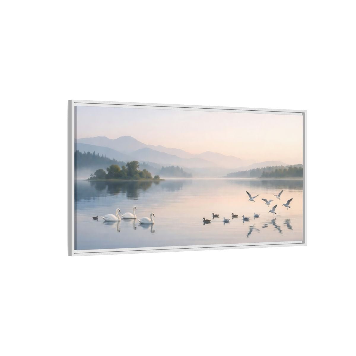 Landscape Nature Swans Lake Pastel - Framed Canvas Wall Art Print - YesArtYes
