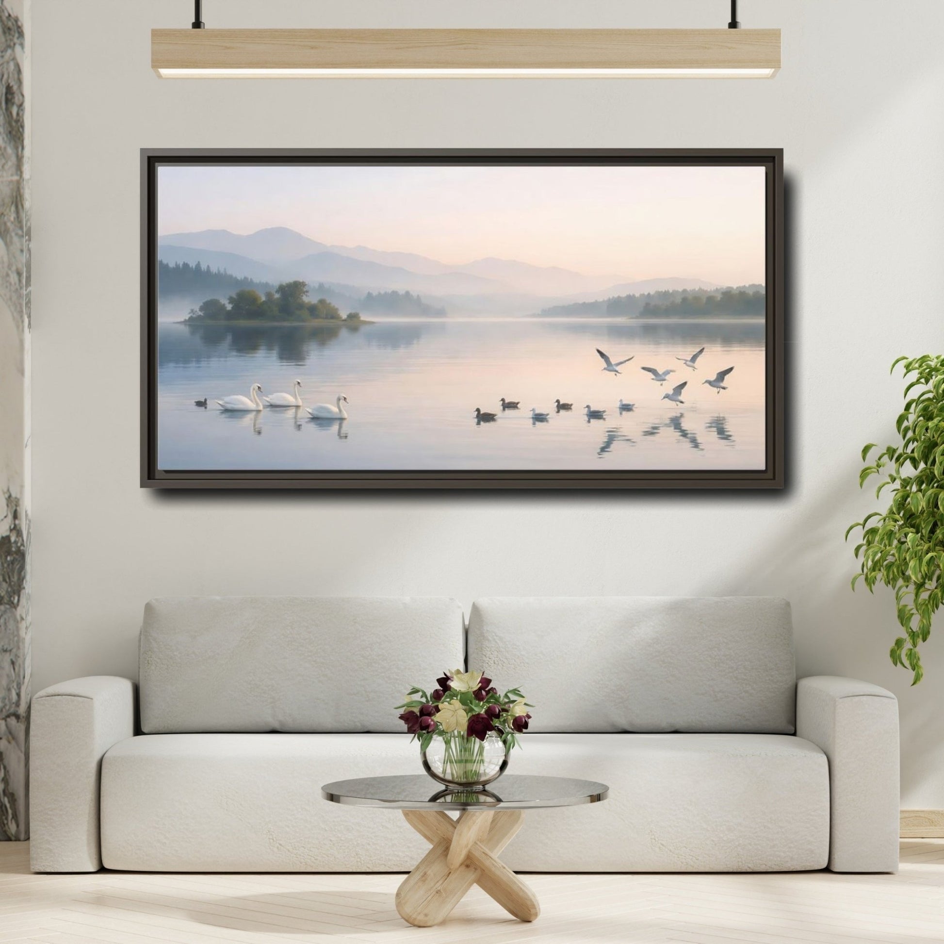 Landscape Nature Swans Lake Pastel - Framed Canvas Wall Art Print - YesArtYes