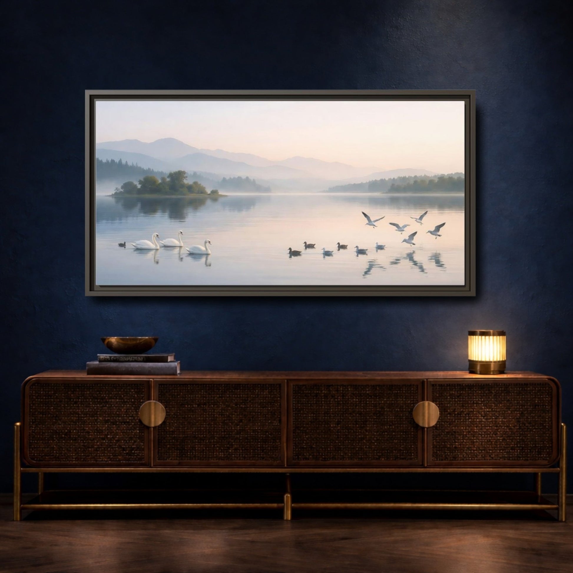 Landscape Nature Swans Lake Pastel - Framed Canvas Wall Art Print - YesArtYes