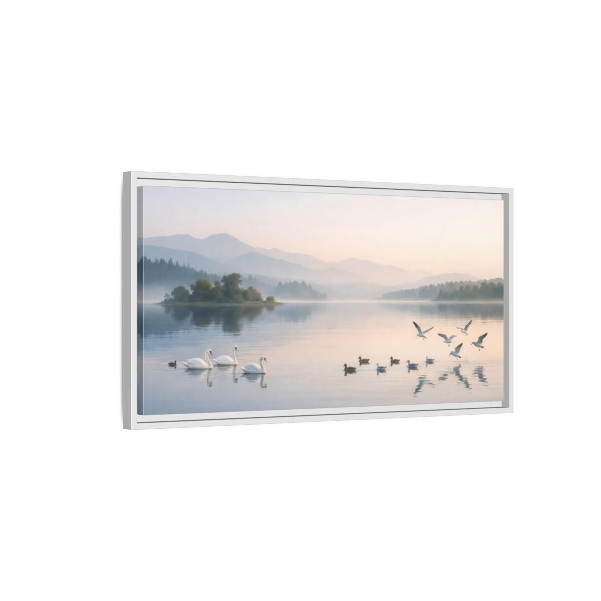 Landscape Nature Swans Lake Pastel - Framed Canvas Wall Art Print - YesArtYes