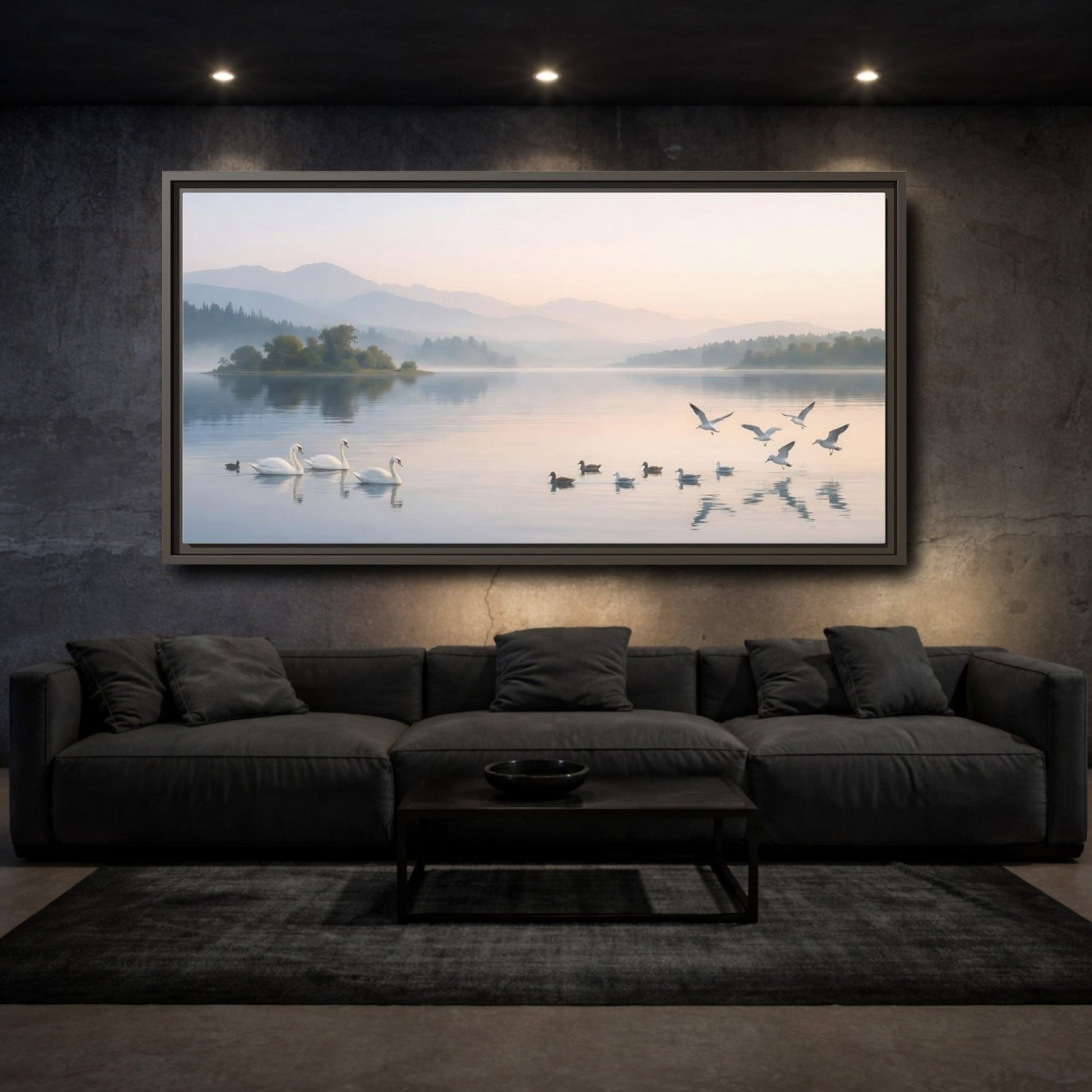 Landscape Nature Swans Lake Pastel - Framed Canvas Wall Art Print - YesArtYes