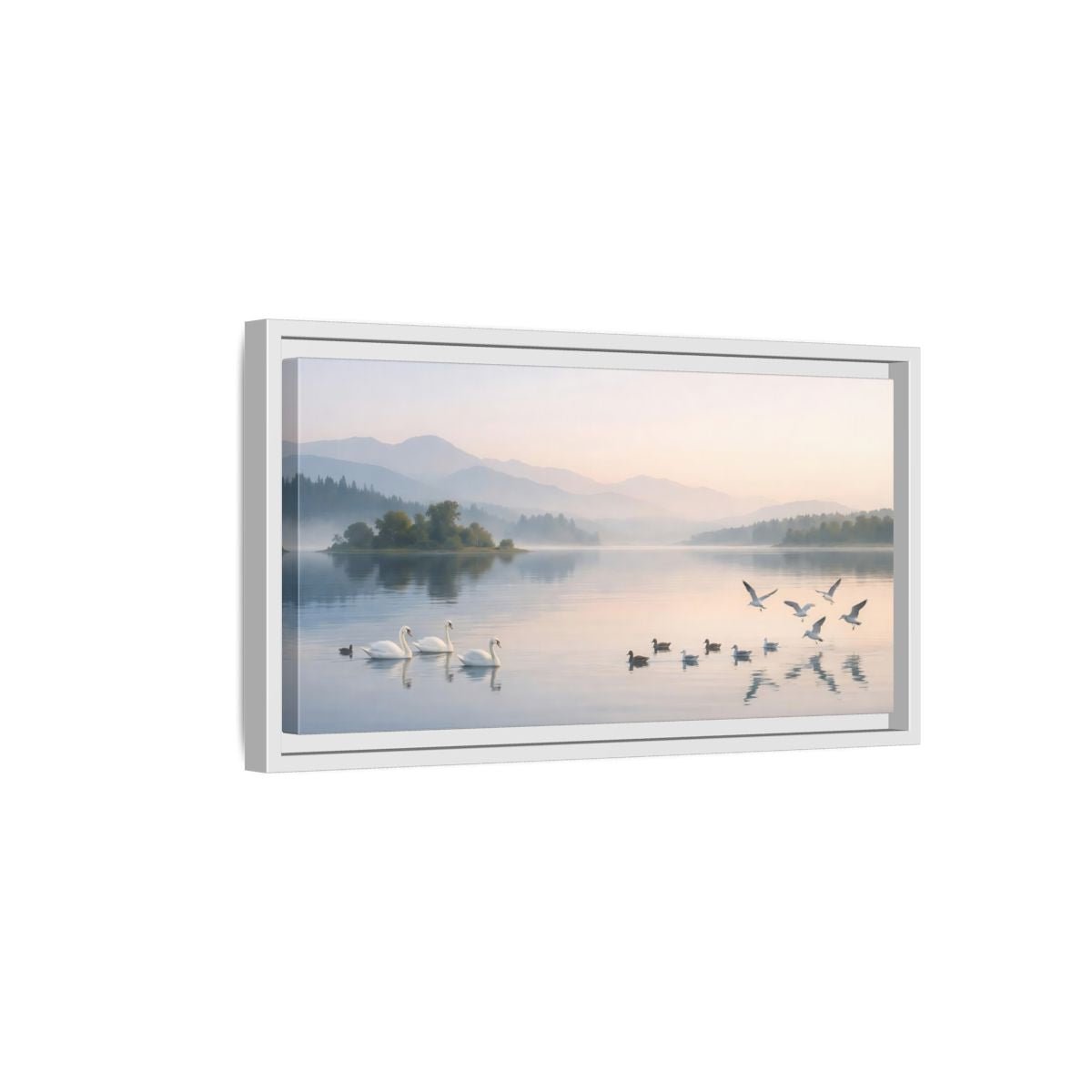 Landscape Nature Swans Lake Pastel - Framed Canvas Wall Art Print - YesArtYes