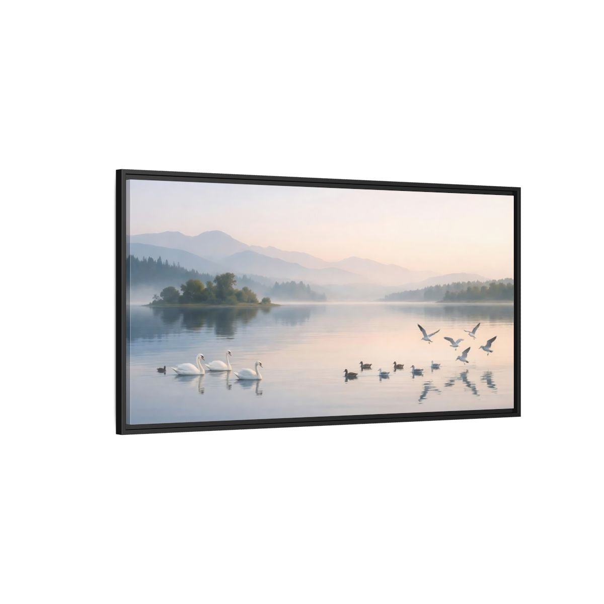 Landscape Nature Swans Lake Pastel - Framed Canvas Wall Art Print - YesArtYes
