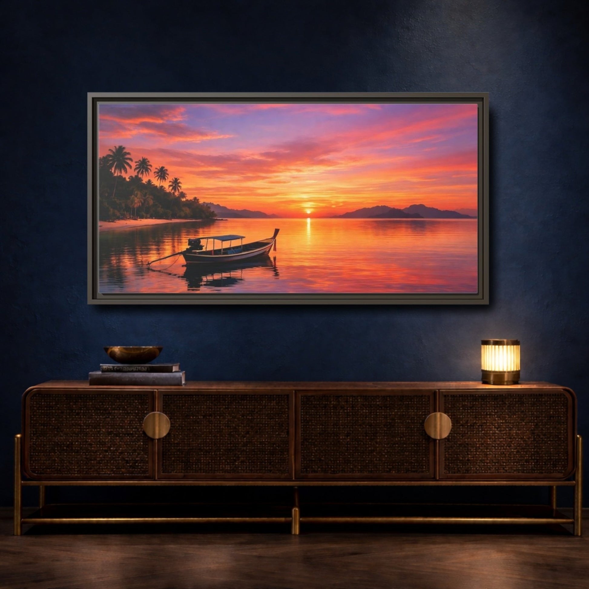 Landscape Nature Tropical Sunset Vibrant - Framed Canvas Wall Art Print - YesArtYes