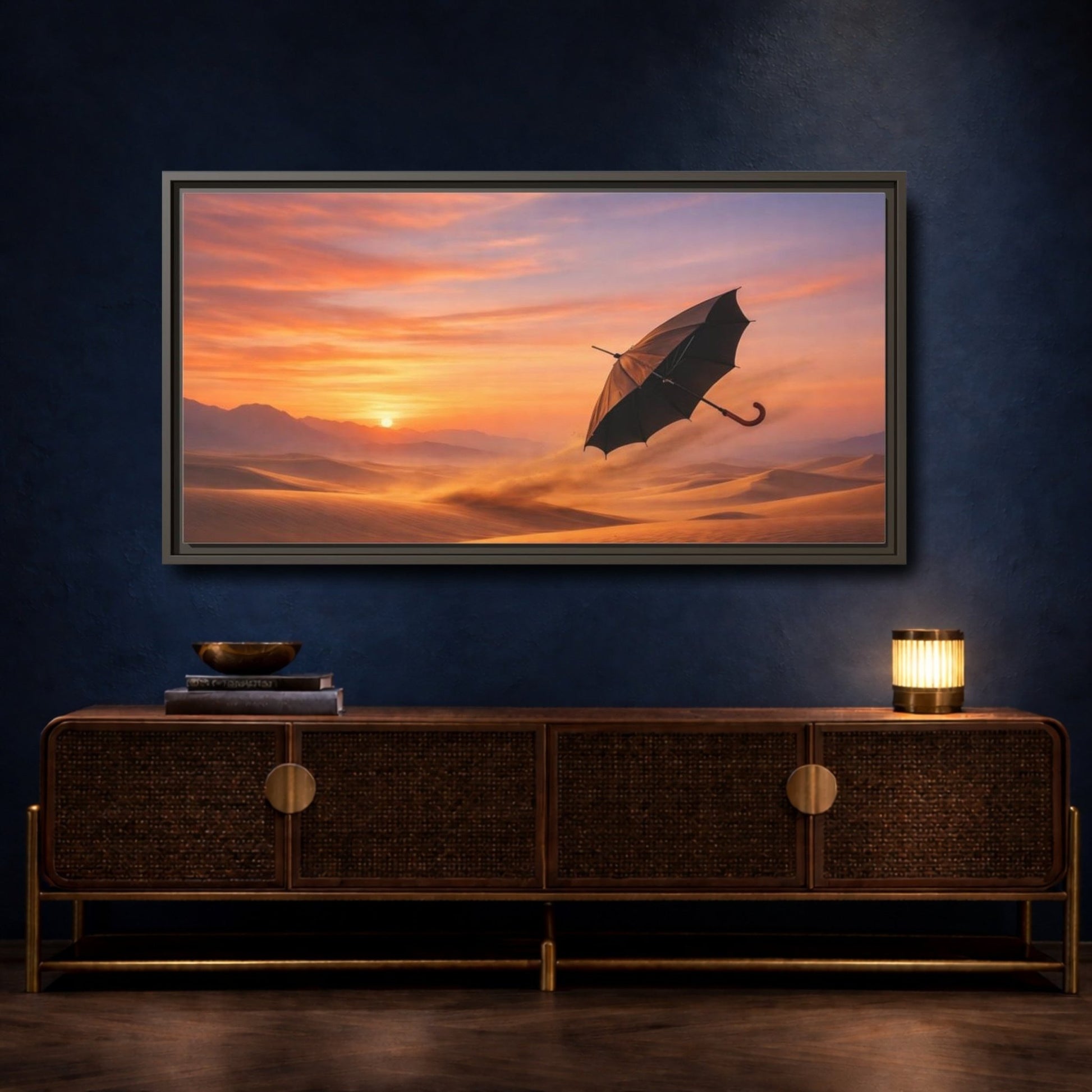Landscape Nature Umbrella Desert Orange Blue - Framed Canvas Wall Art Print - YesArtYes