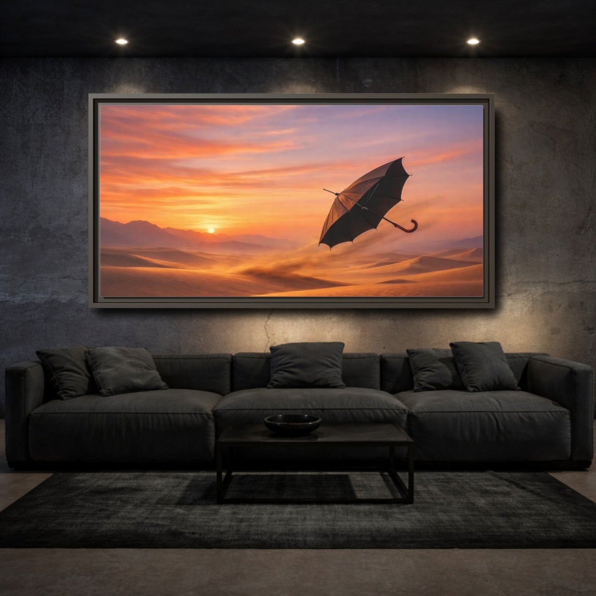 Landscape Nature Umbrella Desert Orange Blue - Framed Canvas Wall Art Print - YesArtYes