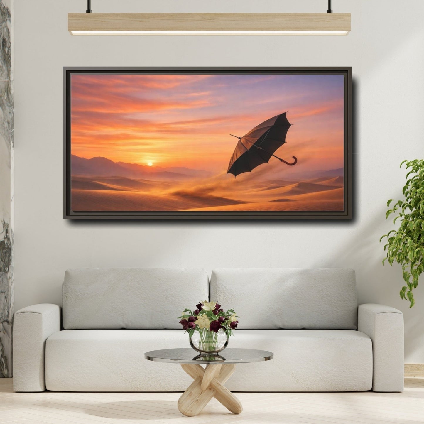 Landscape Nature Umbrella Desert Orange Blue - Framed Canvas Wall Art Print - YesArtYes