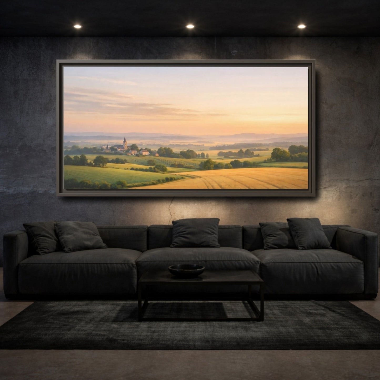 Landscape Nature Village Golden Fields - Framed Canvas Wall Art Print - YesArtYes