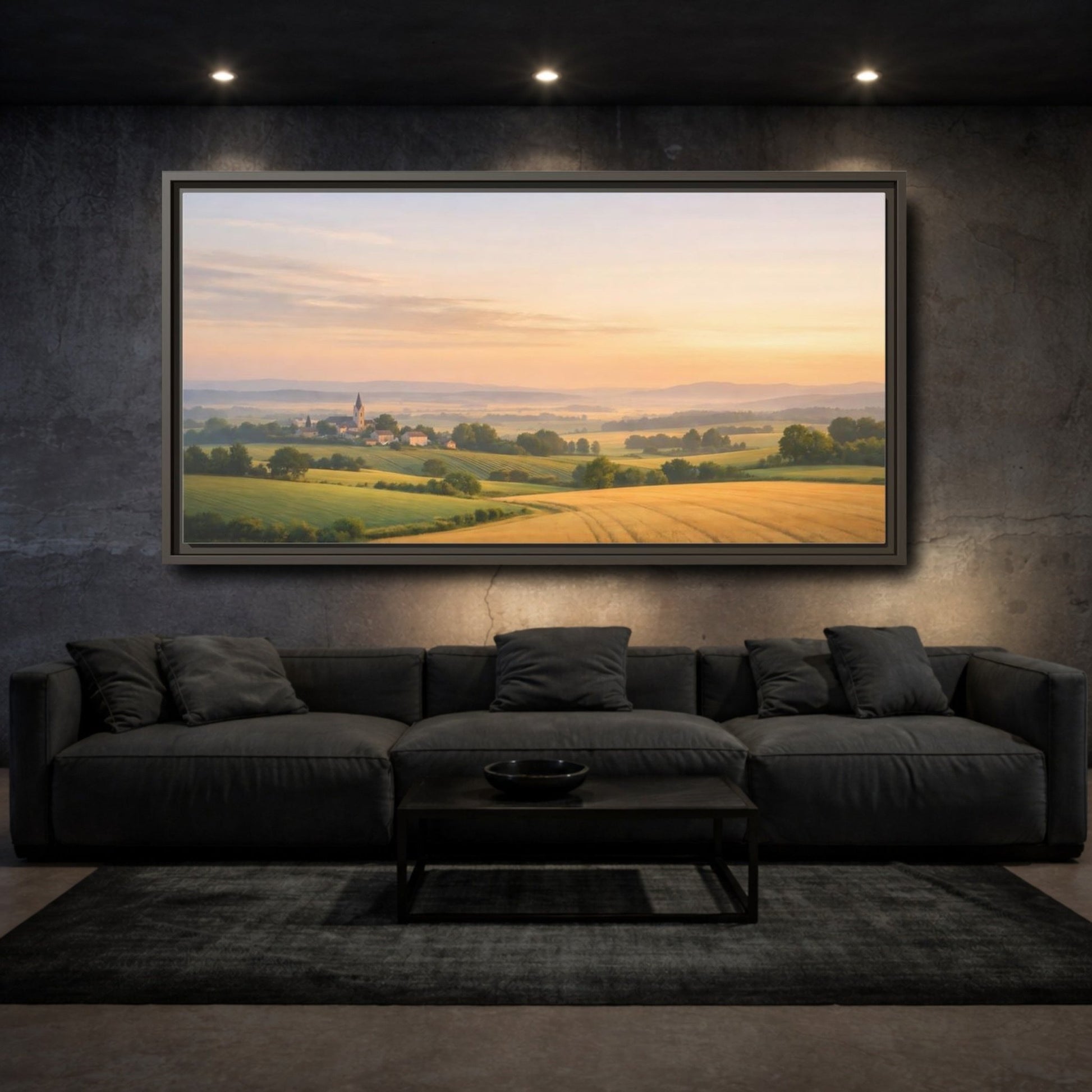 Landscape Nature Village Golden Fields - Framed Canvas Wall Art Print - YesArtYes