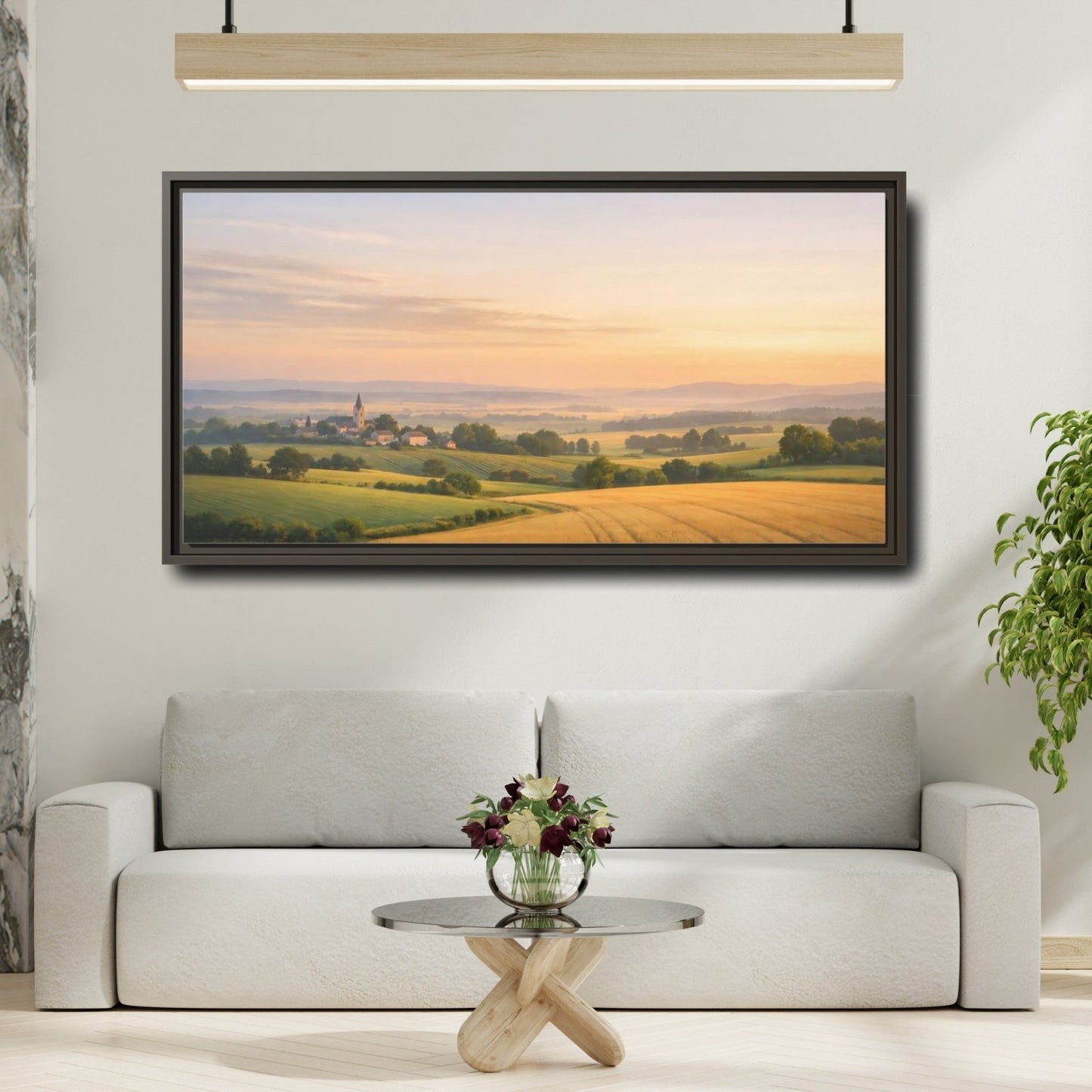 Landscape Nature Village Golden Fields - Framed Canvas Wall Art Print - YesArtYes