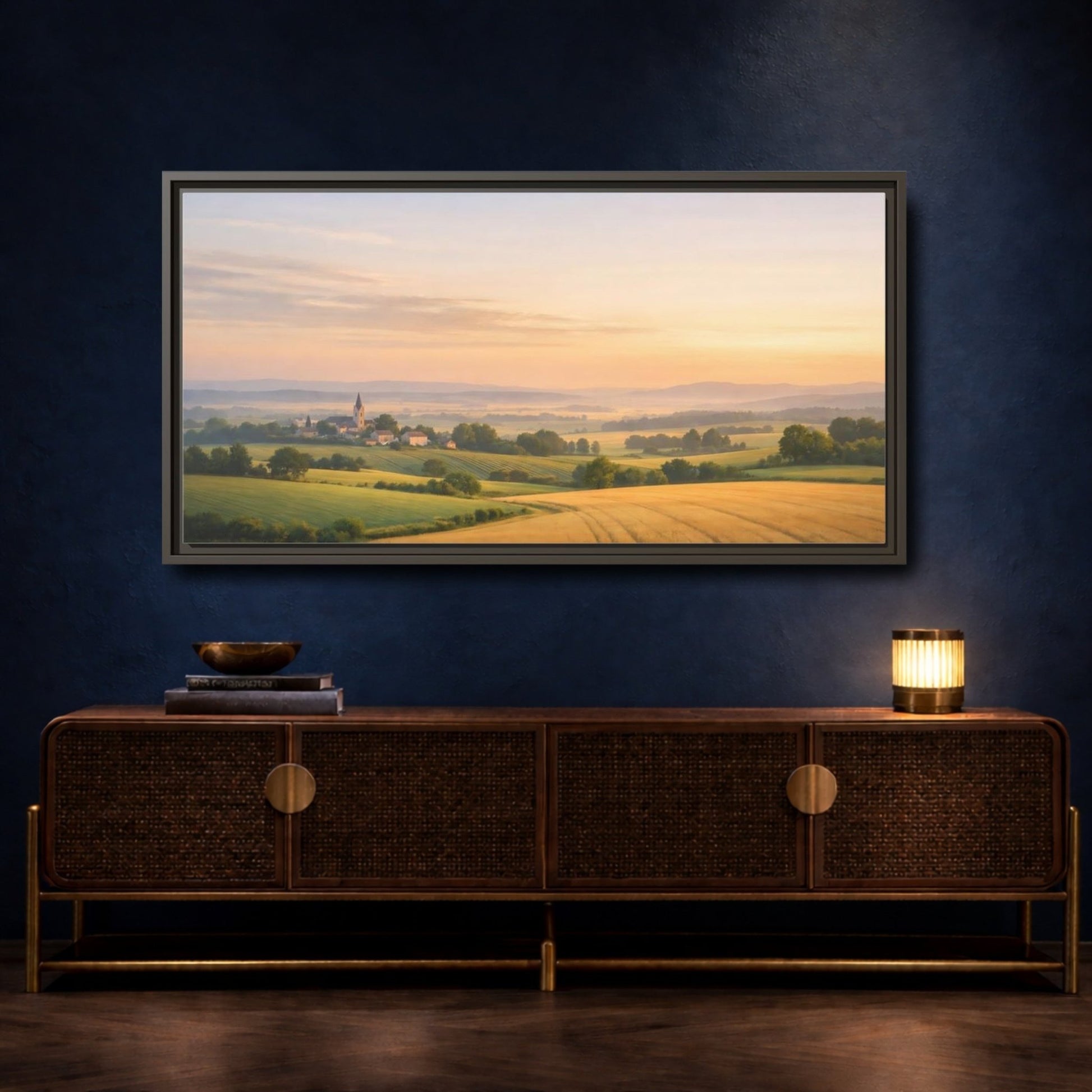 Landscape Nature Village Golden Fields - Framed Canvas Wall Art Print - YesArtYes