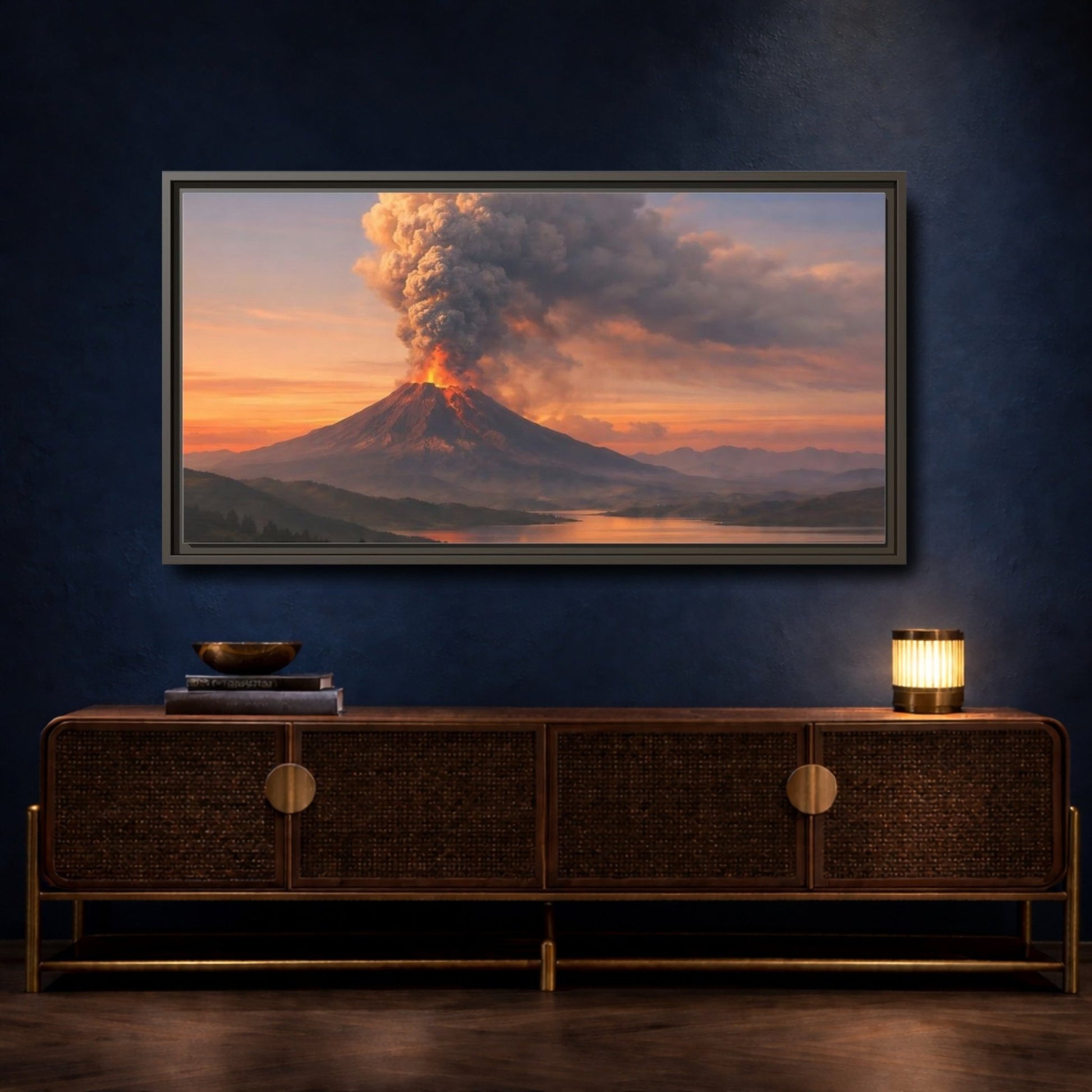 Landscape Nature Volcano Eruption Orange - Framed Canvas Wall Art Print - YesArtYes