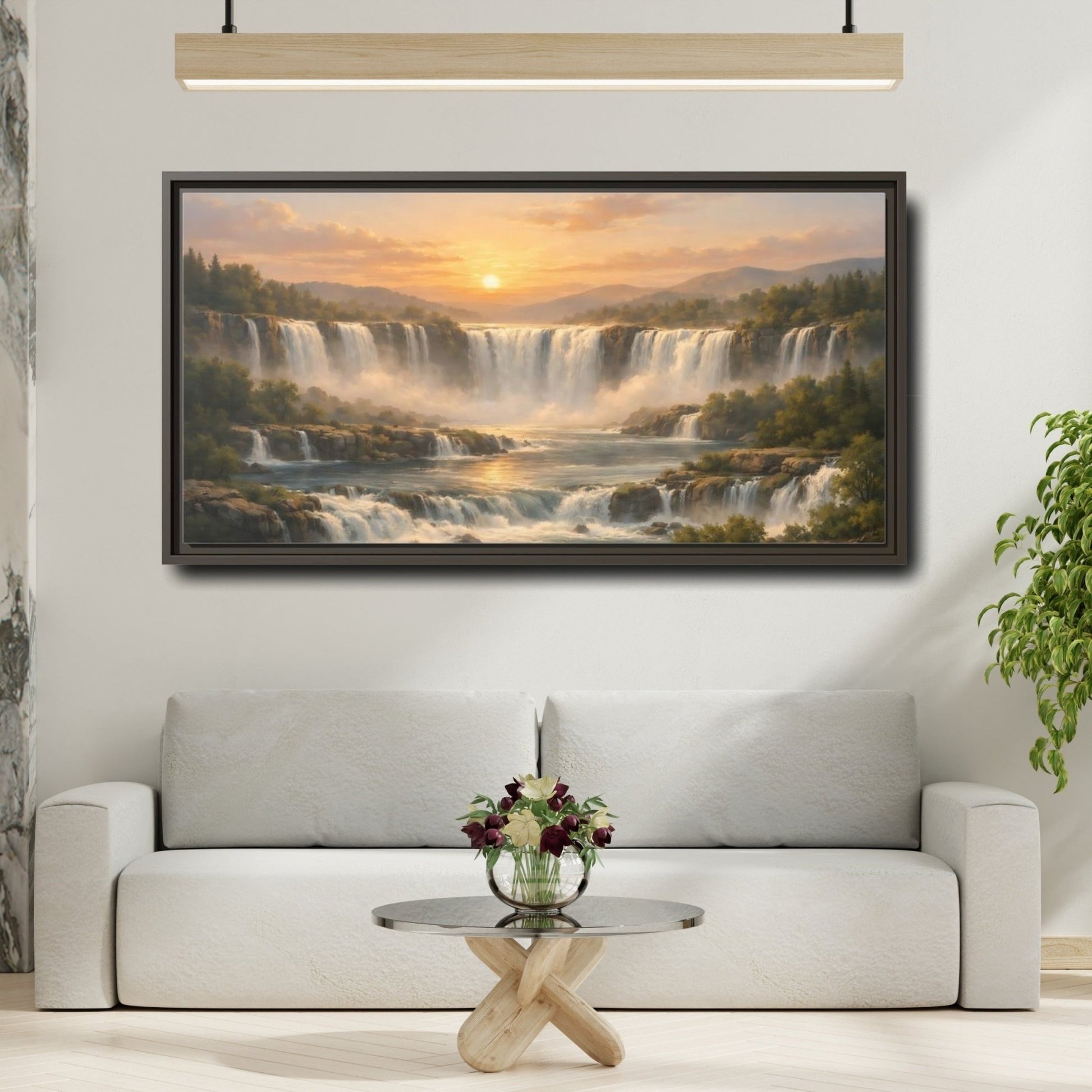 Landscape Nature Waterfall Golden - Framed Canvas Wall Art Print - YesArtYes