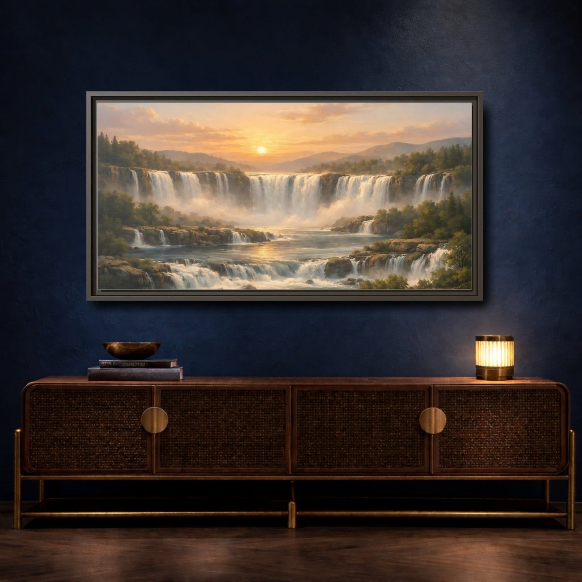 Landscape Nature Waterfall Golden - Framed Canvas Wall Art Print - YesArtYes