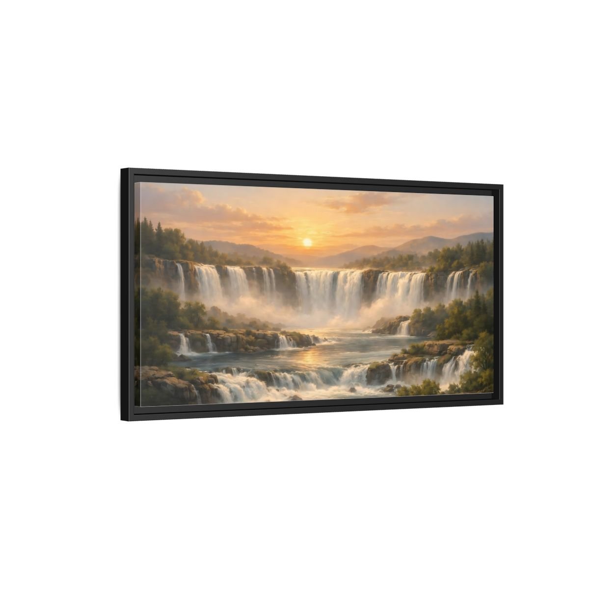 Landscape Nature Waterfall Golden - Framed Canvas Wall Art Print - YesArtYes