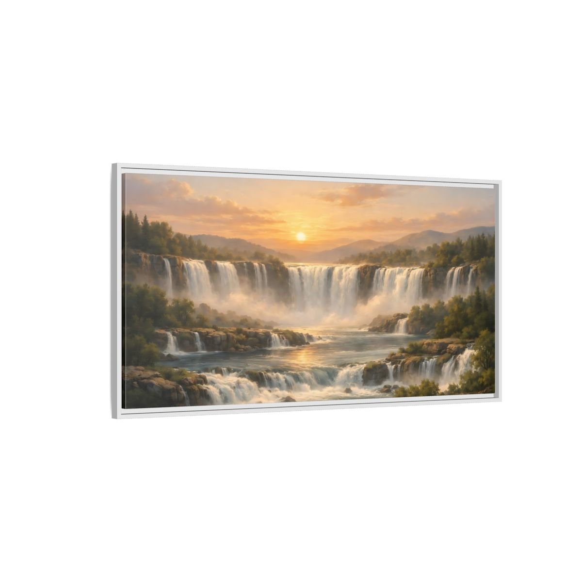 Landscape Nature Waterfall Golden - Framed Canvas Wall Art Print - YesArtYes