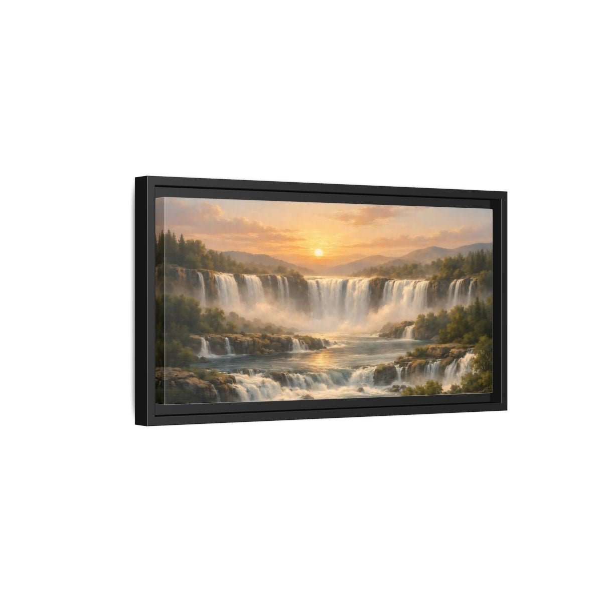 Landscape Nature Waterfall Golden - Framed Canvas Wall Art Print - YesArtYes