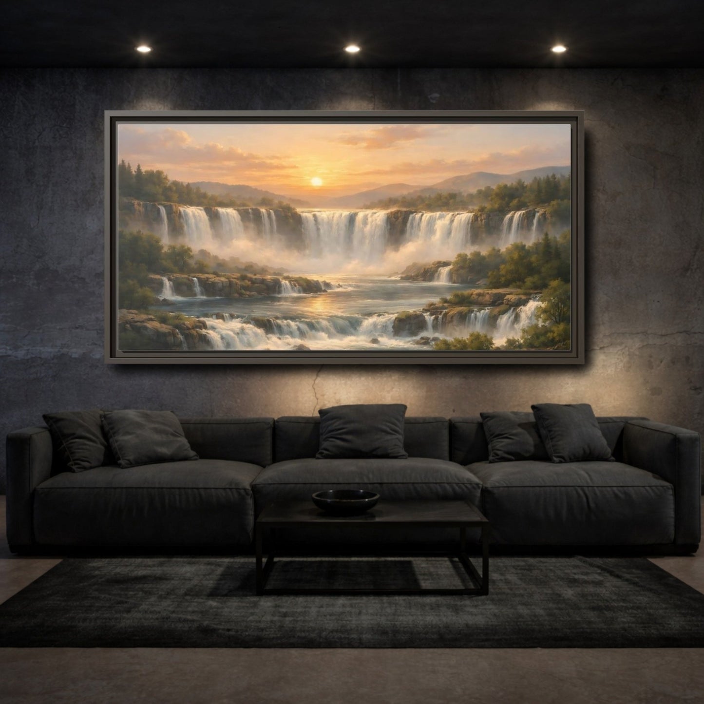 Landscape Nature Waterfall Golden - Framed Canvas Wall Art Print - YesArtYes